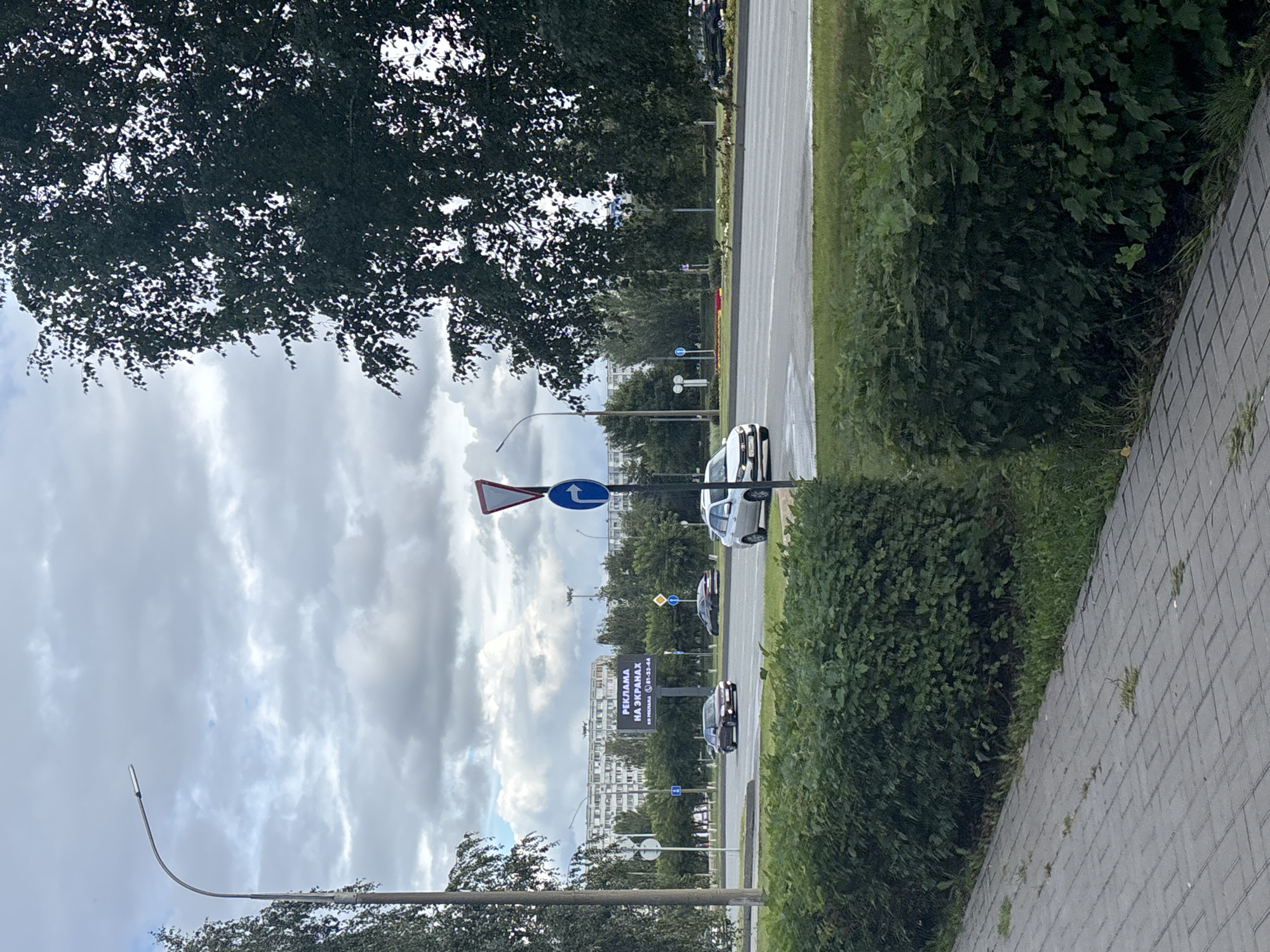The image captures a street scene in Naberezhnye Chelny, Russia, likely on a cloudy day. A paved sidewalk runs along the foreground, bordered by a well-maintained green hedge. Beyond the hedge, a multi-lane road is visible with several cars driving. In the middle ground, a large digital billboard displays a Russian advertisement for "REKLAMA NA EKRANAKH" (Advertising on Screens) with a phone number. Traffic signs, including a directional arrow and a yield sign, are present. In the background, apartment buildings and trees form the urban landscape under a dramatic sky.