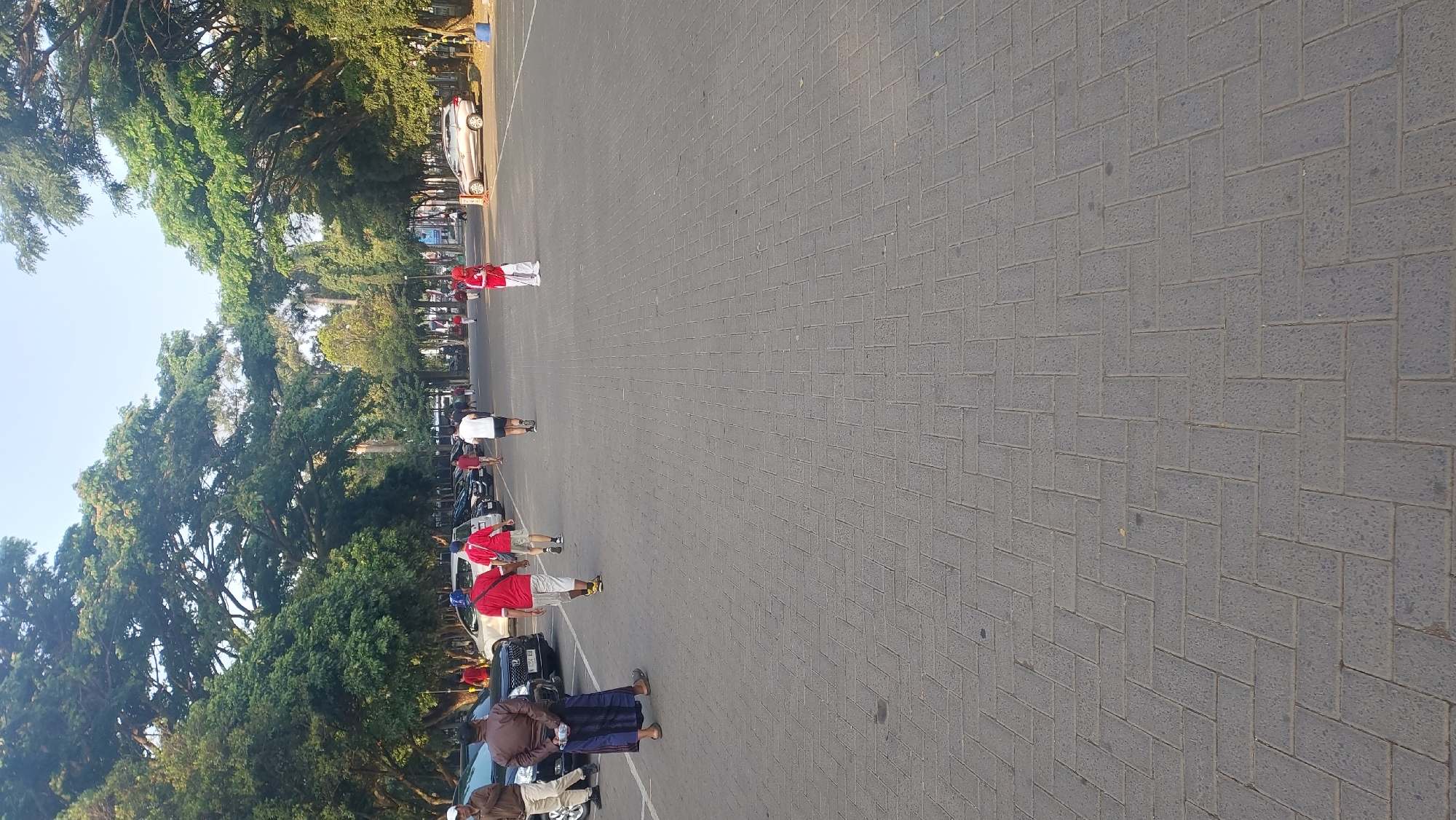 A group of people are walking and jogging on a wide, paved pathway lined with trees. In the background, cars are parked along the side of the road. The scene appears to be an outdoor recreational area in Malang, Indonesia, likely during the morning or late afternoon given the soft lighting and clear sky. The pathway is made of interlocking gray bricks arranged in a herringbone pattern. The trees are lush and green, providing shade. The people are dressed in casual clothing, with some wearing red shirts, suggesting a possible organized event or group activity. One person in the foreground is wearing a sarong.