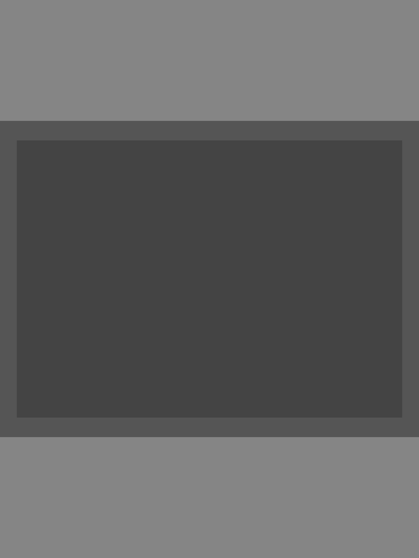 The image displays an abstract composition consisting solely of color blocks in different shades of gray. A prominent, rectangular block of dark gray occupies the central portion of the frame. This central dark gray block is bordered on its top, bottom, left, and right sides by a lighter shade of gray. The top and bottom sections are wide bands of this lighter gray, extending across the full width of the image. The left and right borders of the central block are narrower vertical strips of the same lighter gray. There are no discernible subjects, objects, or specific scenes, nor is there any activity or event taking place. The image is devoid of any text or other notable details such as time of day, weather, location cues, or emotions.