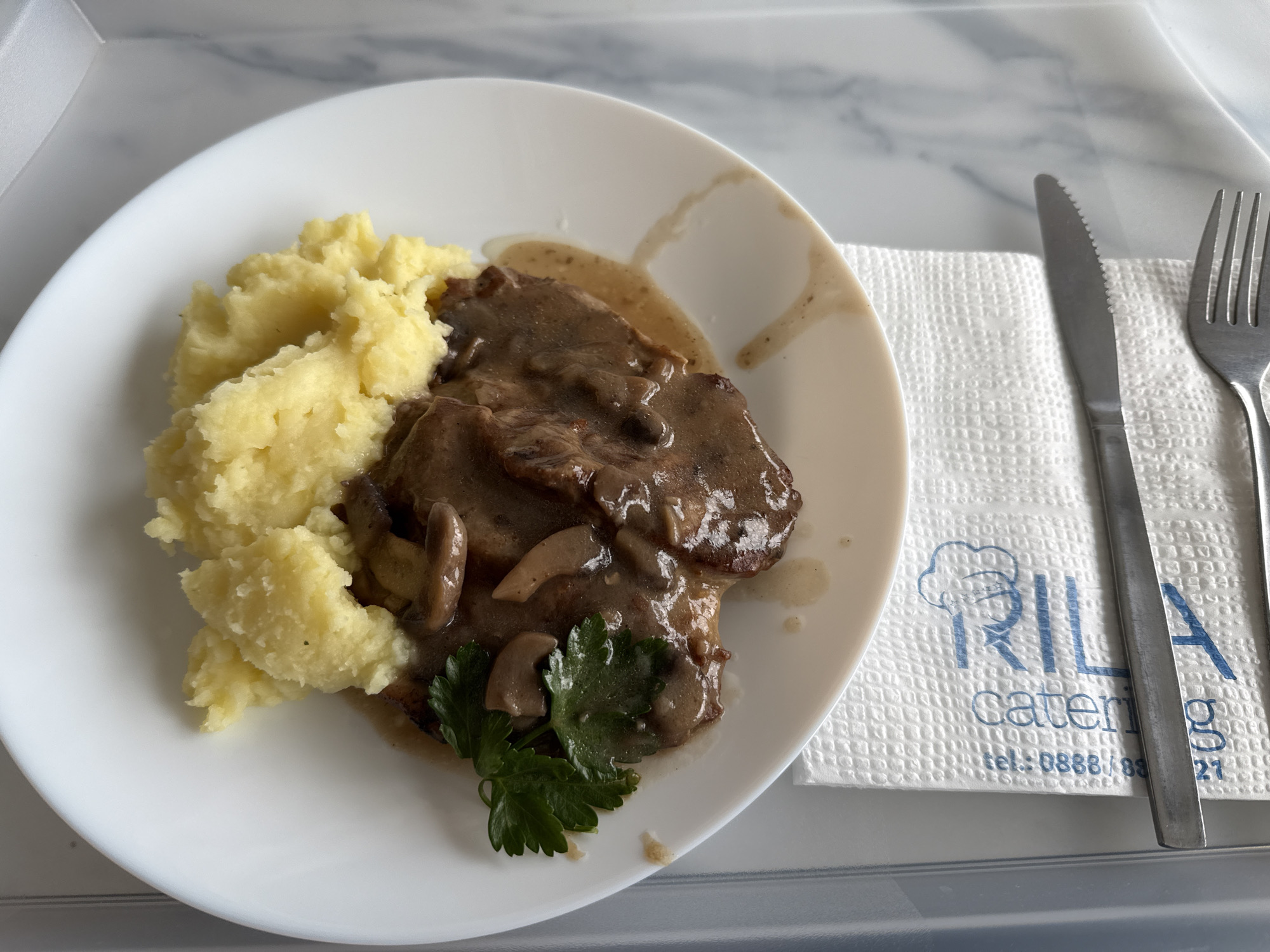 A meal consisting of mashed potatoes and meat with mushroom gravy sits on a white plate on a gray tray. Next to the plate, a white napkin with blue lettering that reads "RILA Catering" and a phone number is placed next to a knife and fork. The origin of the meal is in Sofia, Bulgaria, as "RILA Catering" is based in Sofia.