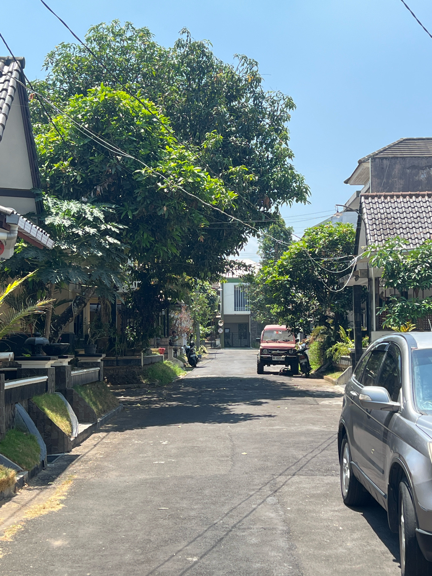 The image captures a street scene in Sleman, Indonesia, characterized by residential buildings and lush greenery. In the foreground, a silver SUV is parked on the right side of the asphalt road, facing away from the viewer. The road itself is somewhat textured and shows signs of wear.
On the left side of the street, houses with tiled roofs and white trim are visible, set back from the road behind low walls and manicured grass patches. Mature trees with dense green foliage dominate the mid-ground, casting shadows across the street and obscuring some of the houses.
Further down the road, a red, older model four-wheel-drive vehicle is parked. Beside it, a dark-colored motorcycle is also parked, with its kickstand down. A person appears to be sitting near the red vehicle.
The environment is clearly tropical, with the bright sunlight and abundant plant life indicating a warm climate. The sky is a clear, pale blue. The overall impression is of a quiet residential street in a well-vegetated area.
