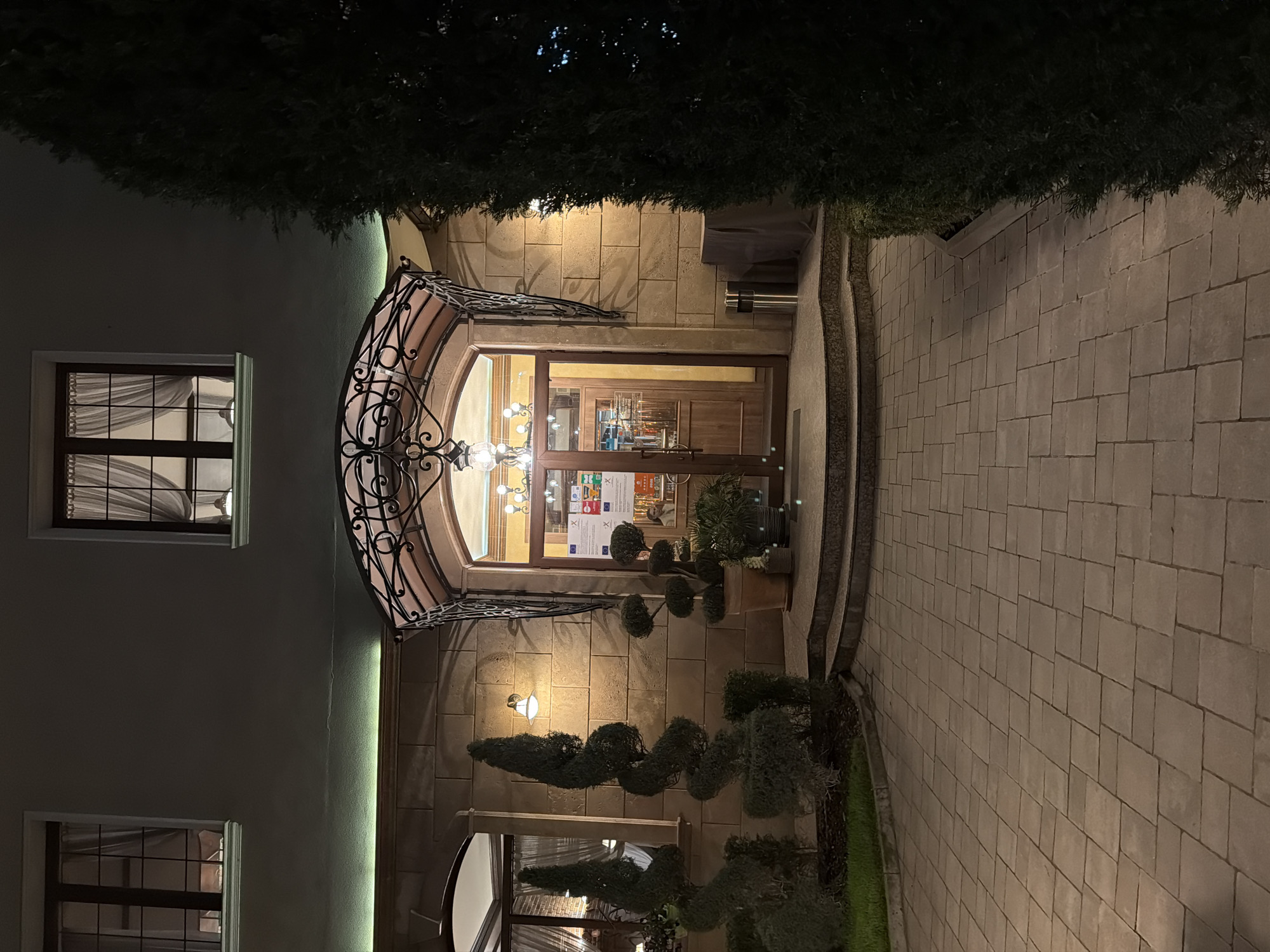 The image shows the exterior of a building in Plovdiv, Bulgaria at night. The building has a stone facade with an arched entryway framed by decorative ironwork. There are two windows visible on the left side of the building, both with curtains. The entryway leads to a doorway with glass doors where interior lights are visible. Several posters are visible on the glass door. Potted plants and topiary bushes are arranged in front of the entrance. A stone-paved walkway leads to the building, bordered by greenery. Bushes or trees partially obscure the top of the building.