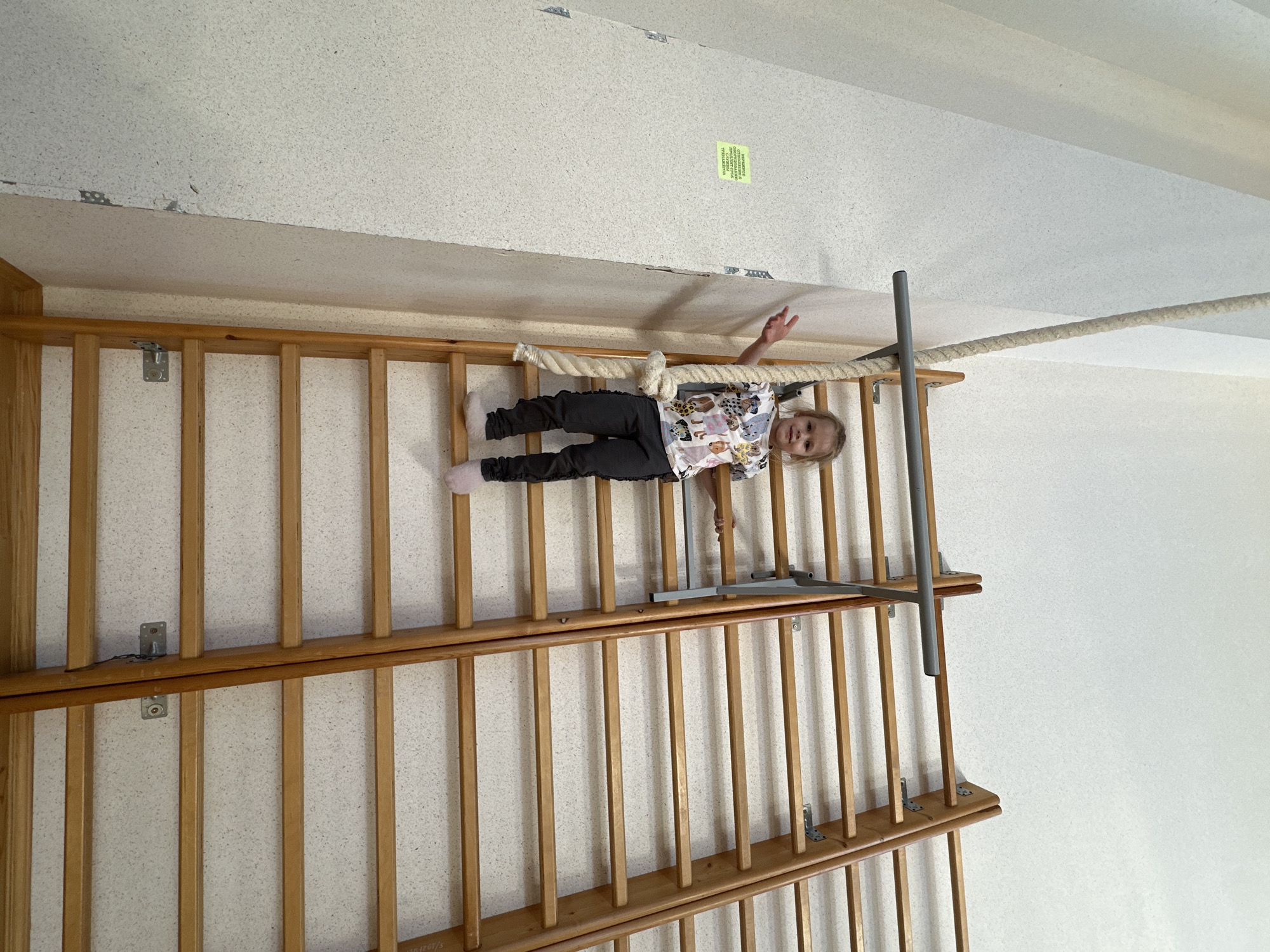 A girl is on a wooden, wall-mounted Swedish ladder, which includes a rope. She is wearing dark pants and a light-colored shirt with animal designs. The wall is textured and light-colored, and there is a sign on the wall. The location is Прикамский, Russia.