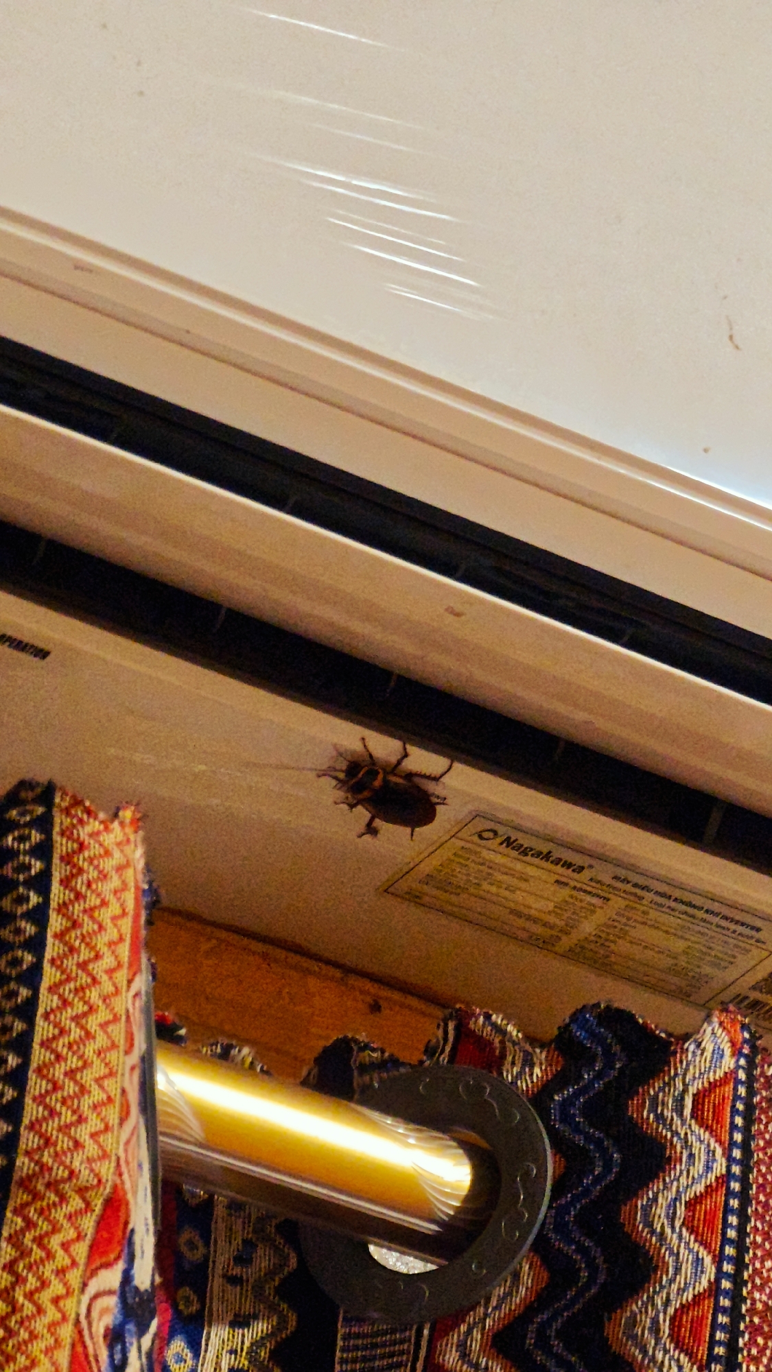 An indoor scene showing an air conditioner unit with a cockroach crawling on its surface. The unit appears to be mounted on a wall above a curtain rod adorned with a colorful patterned fabric. The text "Nagakawa" is visible on a label affixed to the air conditioner. The location is stated as Mèo Vạc Commune, Vietnam.