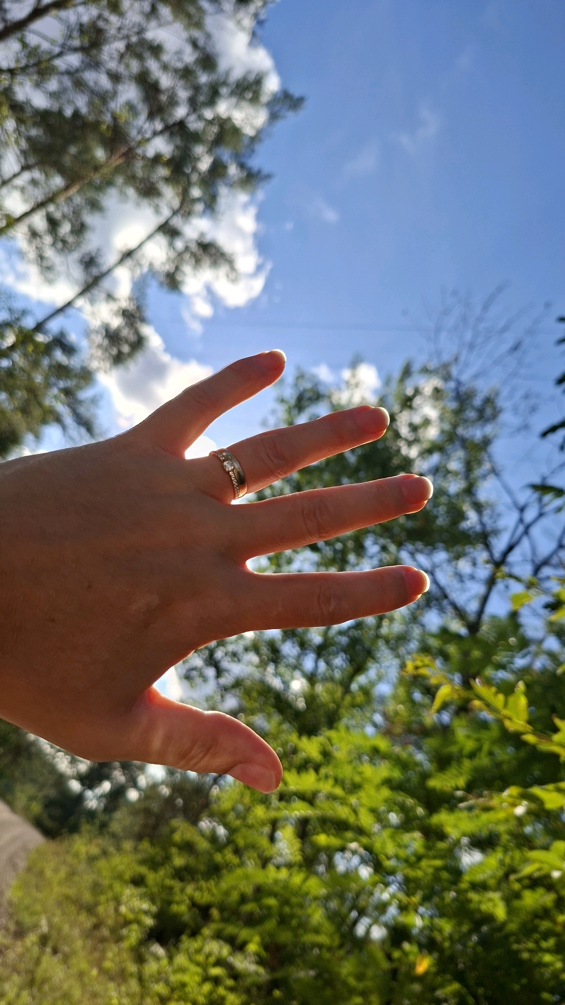 A left hand with fingers spread is held up against a bright blue sky with scattered white clouds. The hand is illuminated by sunlight, casting a warm glow on the skin. A delicate ring with small gemstones adorns the ring finger. In the background, out-of-focus green trees and foliage suggest an outdoor setting, possibly a park or wooded area. The image does not depict any specific location within Winkelhaid, Germany.