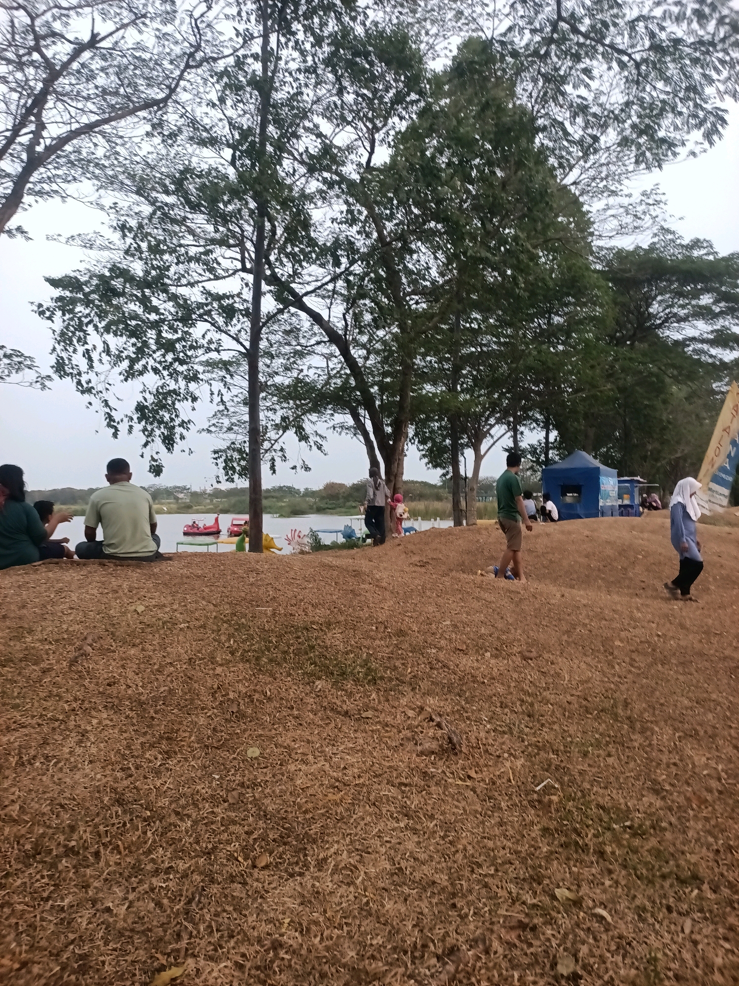 The image depicts a waterfront park area with a body of water and trees. In the foreground, a mound of dry, brown grass covers the ground. Several people are visible in the scene. On the left, two individuals are seated on the grass, facing away from the camera, with their backs towards the water. To their right, a man in a light green shirt is also seated, facing the water. Further to the right, a man in a green shirt and brown shorts is walking away from the camera. A woman in a blue hijab and black pants is walking towards the right side of the frame, also away from the camera. In the background, on the water, there are several small red pedal boats. Beyond the water, a few structures, possibly tents or stalls, are visible, with more people gathered around them. Tall trees with green foliage dominate the background and frame the scene. The sky is overcast and appears a muted grey. The overall atmosphere suggests a casual outdoor gathering or recreational area. The location is identified as Telagamurni, Indonesia.