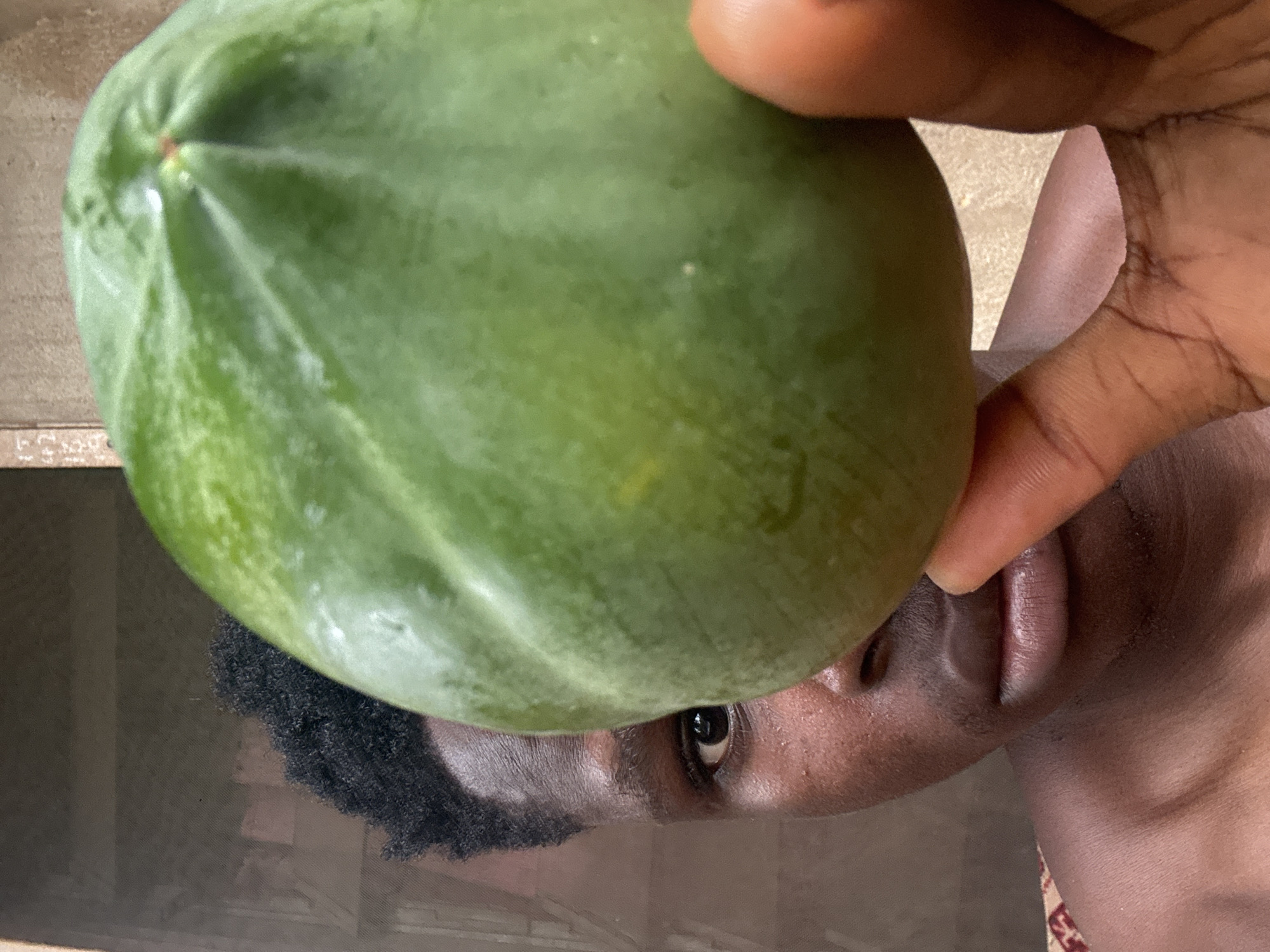 A close-up, indoor shot depicts a dark-skinned individual holding a green, unripe papaya. The person's face, including an eye, lips, and hair, is partially obscured by the fruit. The fingers of the person's hand are visible, gripping the papaya. The background appears to be a blurred interior with a window and a wall. The location is specified as Aboh, Nigeria, but there is no visible evidence in the image to confirm this location.