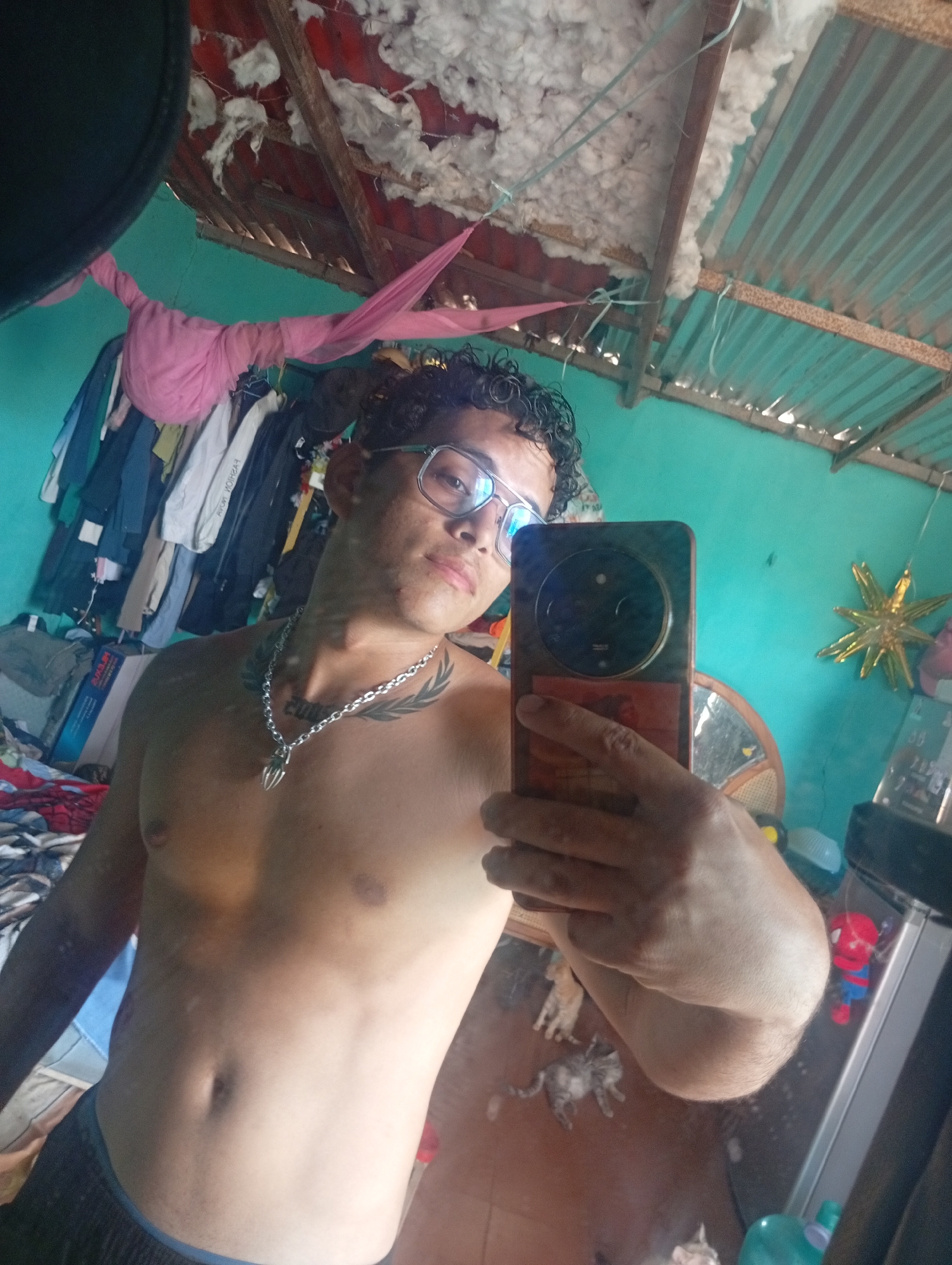 The image is a mirror selfie taken indoors. A young man with curly hair and glasses is shirtless, wearing black shorts and a silver chain with a pendant. He has tattoos on his chest and shoulder. The background shows a room with turquoise walls, a corrugated metal roof with insulation, clothes hanging on a rack, and a patterned blanket on a bed. There are also several cats visible on the floor, a golden star-shaped ornament on the wall, and a Spider-Man figurine. The overall impression is of a domestic setting, likely in a modest dwelling. The scene appears to be in the city of Altagracia, Venezuela, suggested by the context provided.