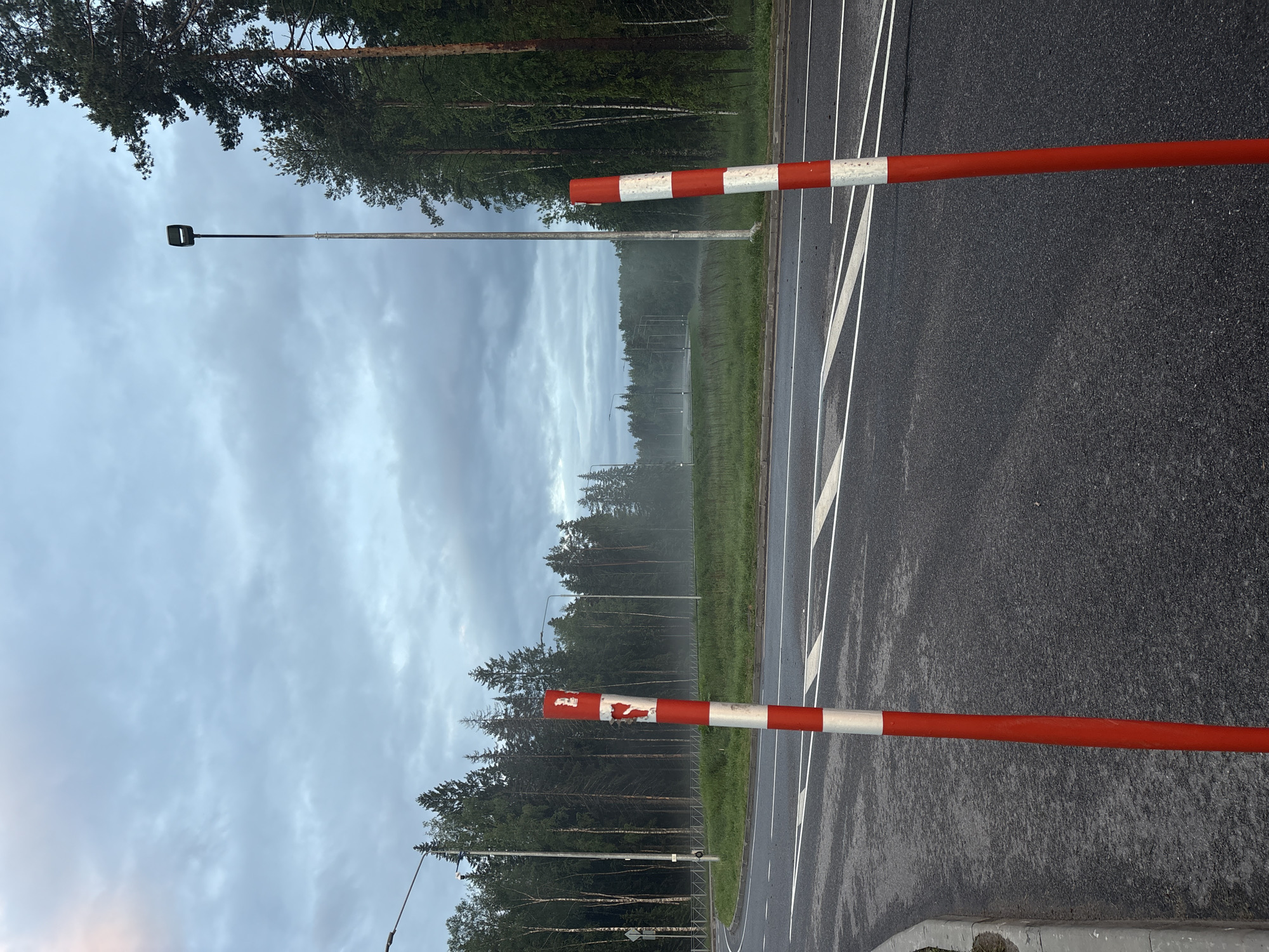 The image depicts a road with two red and white striped posts in the foreground. The road curves to the left, and there is a grassy area with trees in the background. A tall street light is visible in the distance, along with several other street lights that are less distinct. The sky is overcast with clouds, and there is some fog or mist in the air. The scene appears to be in a semi-rural or suburban area, possibly on the outskirts of a city. There are no people or vehicles visible in the image. The ground on the right side of the road shows some debris, and the curb on the left side is visible. The overall atmosphere is subdued, likely due to the cloudy weather and low light conditions. The location is identified as Arfa, Russia.
