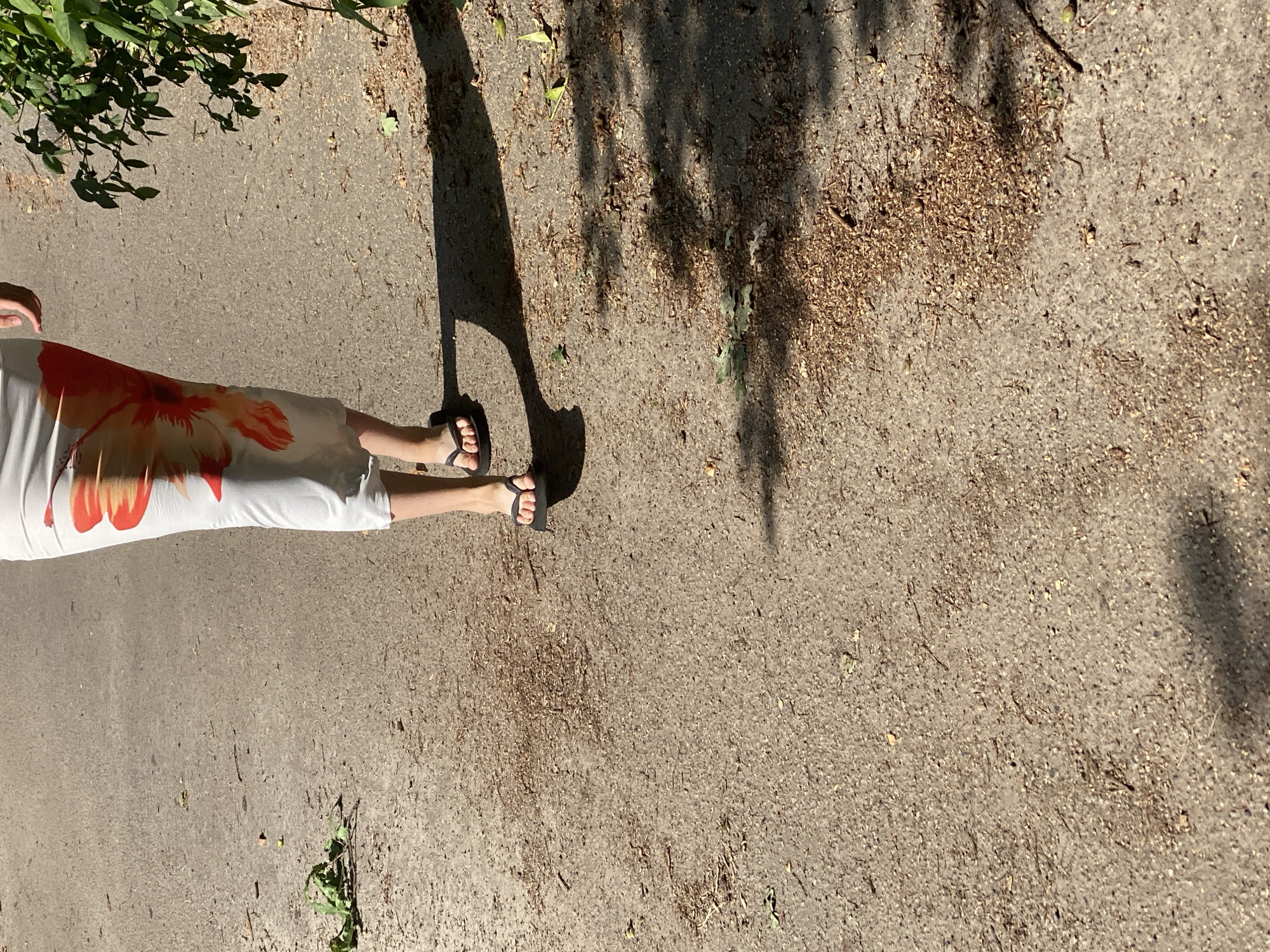 A person walks on a paved path in Poltava, Ukraine. The individual is wearing a white dress with a large orange and red floral print and black flip-flops. The path is surrounded by foliage and debris, with shadows cast across the ground from overhead trees.
