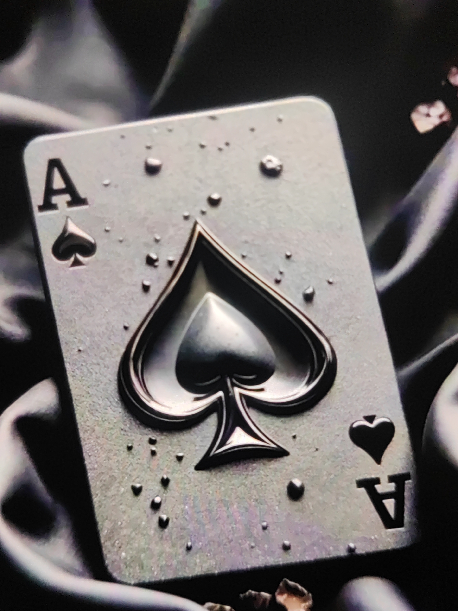 The image presents a dramatic, close-up view of an Ace of Spades playing card, rendered in a distinctive, metallic style. The card itself is a matte, dark silver or grey, with a visible texture across its surface, resembling fine grit or brushed metal. The central spade symbol is prominently displayed, featuring a glossy, three-dimensional, embossed design in deep black, reflecting light to highlight its contours.
Small, irregularly shaped raised droplets or bumps are scattered across the card's face, adding to its unique tactile appearance. In the top-left corner, the letter "A" is visible above a smaller, solid black spade symbol. A similar arrangement is present in the bottom-right corner, with an inverted "A" and spade.
The card is set against a dark, possibly black or charcoal-grey, fabric background that appears to be silk or satin due to its soft sheen and gentle folds. The lighting is low-key and dramatic, accentuating the metallic qualities of the card and the reflective properties of the embossed spade. The overall impression is one of elegance and mystery, suggesting a collectible item rather than a standard playing card. No activity is occurring, the image is a still life focused on the aesthetic presentation of the card.