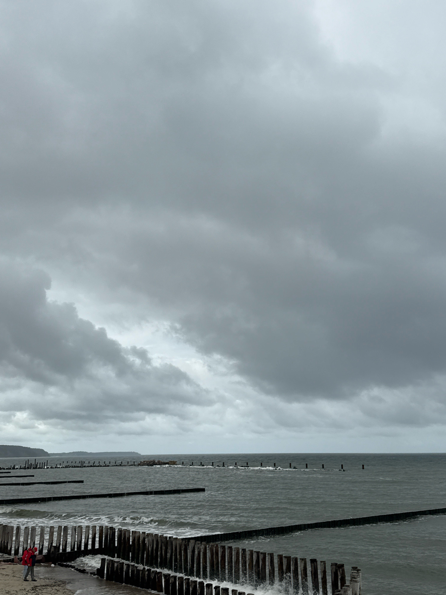 The image depicts a view of the Baltic Sea from the coast of Svetlogorsk, Russia, on an overcast day. The sky is filled with dense, grey clouds, obscuring any direct sunlight. The sea is choppy, with visible waves breaking against a series of wooden groynes that extend from the shore into the water. These groynes, appearing as rows of vertical wooden posts, are a prominent feature, breaking the expanse of the water. In the foreground, on a sandy beach, two individuals are visible. One person, wearing a red jacket, is walking, while another, wearing a lighter colored jacket, is standing. The distant shoreline features a line of trees or vegetation. The overall atmosphere is somber and moody, characteristic of cloudy weather at the seaside.
