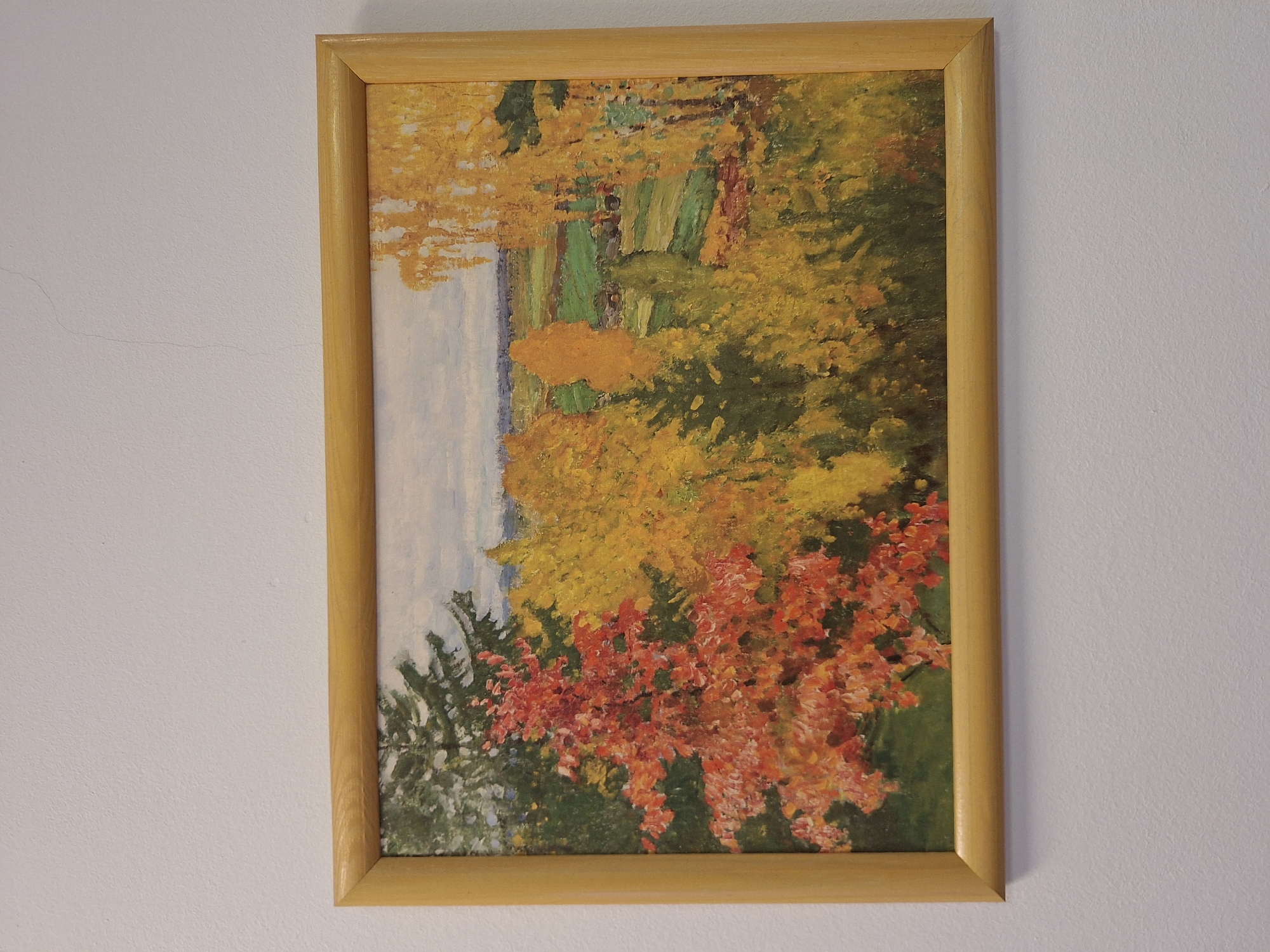A framed painting hangs vertically on a white, textured wall. The frame is made of light-colored, possibly light wood, and has a simple, rectangular profile.
The painting itself depicts an autumn landscape. When viewed in its current vertical orientation, the left side of the artwork features a light blue and white expanse, suggestive of water or sky. To its right, a dense forest dominates the scene, characterized by vibrant fall foliage. The trees display a rich palette of yellows and oranges, transitioning into striking reds and some dark greens, indicating peak autumn colors. The brushwork appears impressionistic, with visible strokes contributing to the textured appearance of the leaves and landscape elements. The overall impression is one of a sunlit, colorful natural scene.
No people or specific activities are discernible within the painting. The wall to the left of the painting shows a faint, thin hairline crack running horizontally. There is no visible text in the image. The light quality suggests daytime. No specific location cues are present within the image itself.