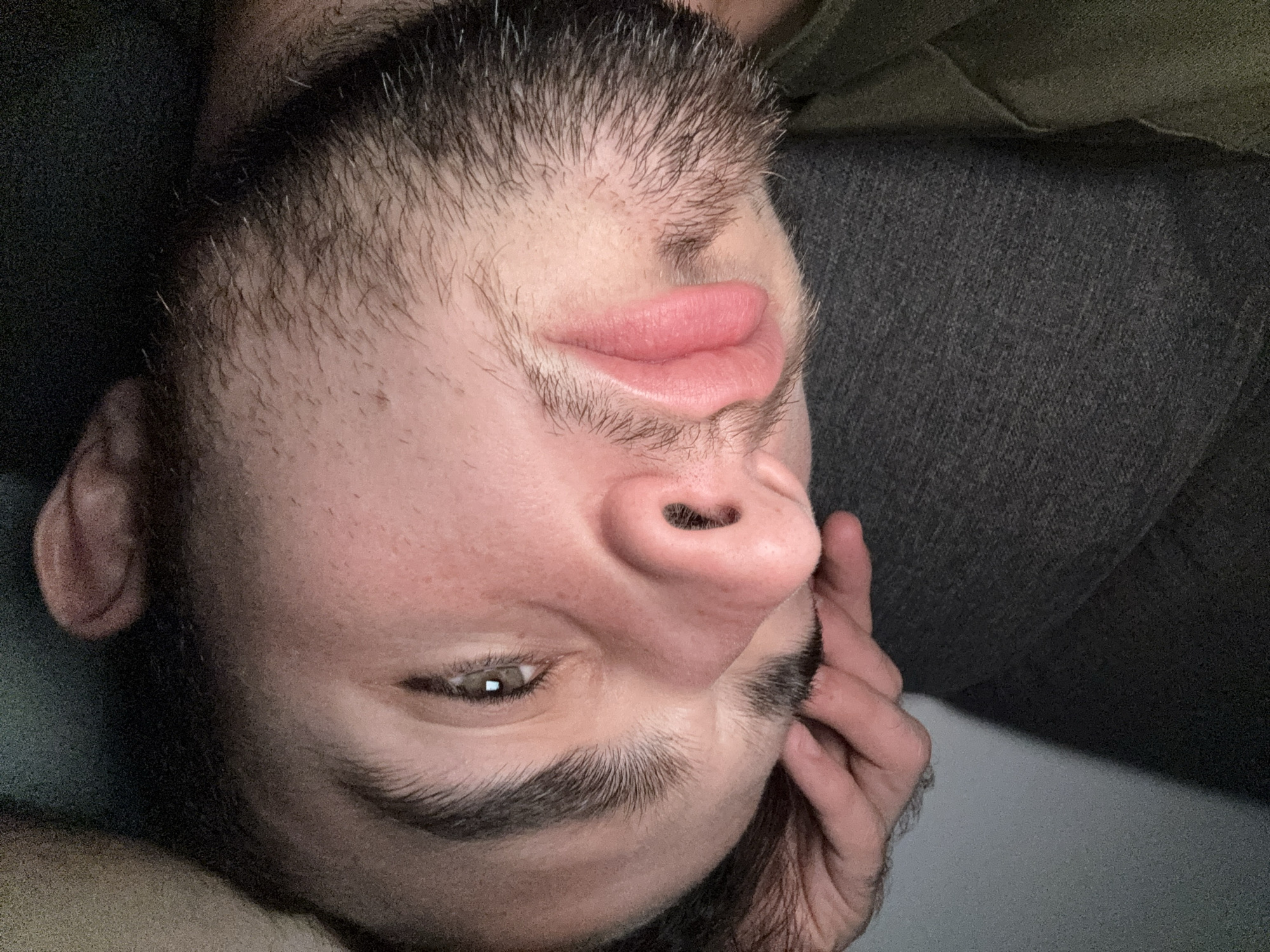 A close-up portrait depicts an individual, likely male, lying down indoors, looking directly at the viewer with a relaxed expression. The person's head is tilted sideways, suggesting they are resting, possibly on a couch or bed.
The subject has fair skin, short dark hair on their scalp, and visible dark stubble or a short beard across their cheeks, chin, and upper lip. Their eyebrows are dark and well-defined. One eye, appearing brown or hazel, is clearly visible and focused on the camera, reflecting a light source. The other eye is partially obscured. The nose is prominent, and the lips are slightly parted, showcasing a natural pink hue. A hand, with some hair on the fingers and knuckles, is positioned near the right side of the face (viewer's perspective), lightly touching the cheek or temple area.
The background consists of various dark fabrics. On the right side of the image, there is a dark, textured fabric, resembling upholstery or a blanket. On the left side, another dark, possibly greenish, fabric is visible, along with a darker, blurry area.
The lighting is soft and even, highlighting the contours of the face while creating gentle shadows. The overall mood is calm and contemplative, perhaps with a hint of a playful smirk on the individual's face. There are no discernible location cues within the image itself to suggest San Bernardino Tlaxcalancingo, Mexico, nor is any text visible.