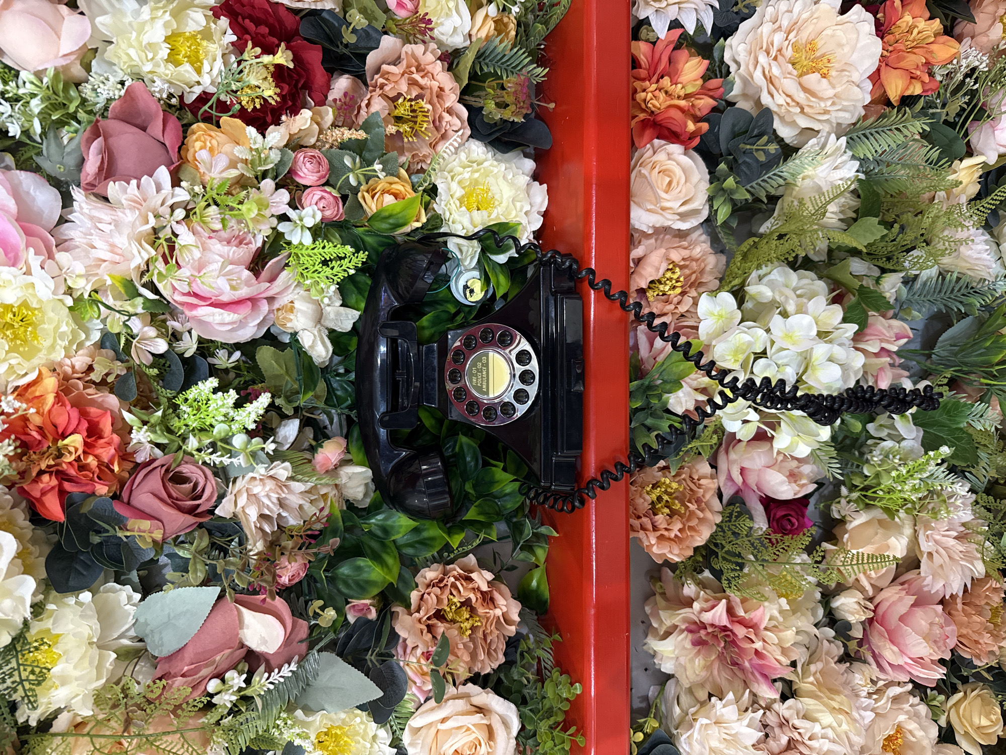 The image presents a vibrant, static display featuring a vintage black rotary telephone set against a dense backdrop of artificial flowers and greenery. The scene is dominated by an abundance of faux blooms in a rich palette of colors, including various shades of pink, cream, white, deep red, orange, peach, and yellow, intermingled with lush green leaves and fern-like foliage.
A classic black rotary telephone is centrally positioned, with its handset detached from the cradle and hanging by its coiled cord. The phone's body and dial are nestled amongst the flowers on the left side of a prominent, glossy, bright red vertical strip that runs down the middle-right of the composition. The rotary dial features a central yellow disc where small black text is visible, indicating emergency numbers: "FIRE - 0", "POLICE - 02", and "AMBULANCE - 03".
The floral arrangement is meticulously crafted, creating a full and textured wall of blossoms that surrounds the telephone and extends beyond the frame. The lighting is bright and uniform, enhancing the vivid colors and details of the artificial plants and the vintage phone. The setting appears to be an art installation or decorative wall, possibly indoors in Korobovo, Russia, evoking a sense of whimsical charm and nostalgia. No human subjects or specific activity are present.
