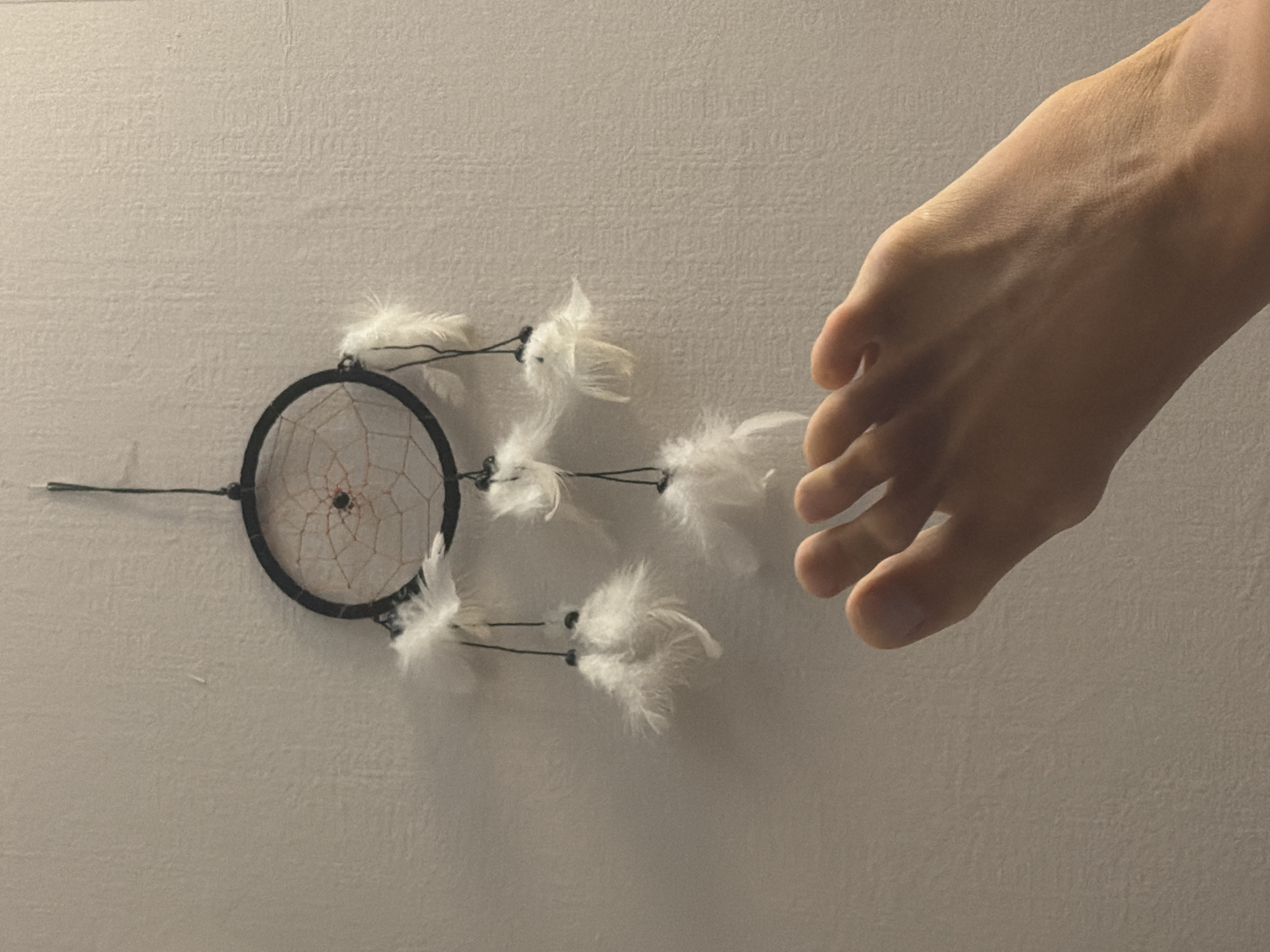 The image features a close-up indoor scene, likely taken in Saint Petersburg, Russia, showing a dreamcatcher and a human foot against a textured, light-colored wall.
On the left side of the frame, a dreamcatcher hangs, centered horizontally. It consists of a black circular hoop enclosing a white, intricate web pattern, which has a small red bead or detail at its center. Multiple delicate white feathers dangle from the bottom and right side of the hoop, attached by thin black strings adorned with small black beads. The feathers appear soft and slightly ruffled.
To the right of the dreamcatcher, extending from the right edge of the frame, is a bare human foot, positioned with the sole facing slightly upwards and the toes curved as if reaching or hovering near the dreamcatcher. The foot appears to be a left foot, with visible toes and the top arch. The skin tone is natural and shows some subtle veins and skin texture.
The background is a uniform, light beige or off-white wall with a noticeable, subtle textured pattern, possibly wallpaper or painted plaster. The lighting is soft and somewhat dim, casting gentle shadows that create depth and highlight the textures of the wall, feathers, and foot. There are no other objects or discernible elements in the frame, and no visible text. The overall atmosphere is quiet and intimate, with a focus on the interplay between the human element and the decorative object.