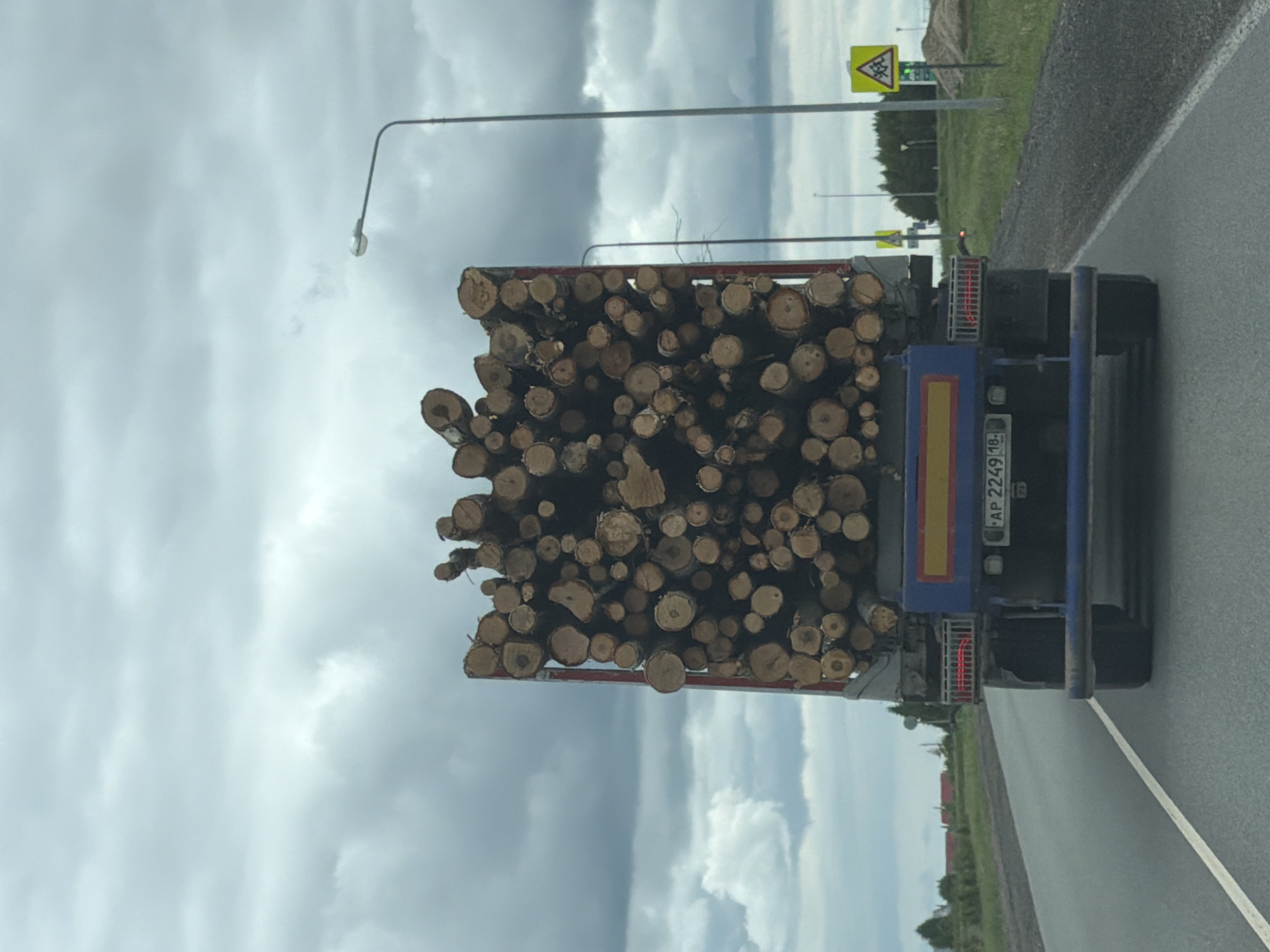 A commercial truck carrying a large load of logs is driving on a road. The sky is overcast with a mix of dark and light clouds. The location may be in Alnashi, Russia, based on the license plate "AP 2249 18" on the truck, with "18" representing the Udmurt Republic, where Alnashi is located. Roadside greenery and signs are visible.