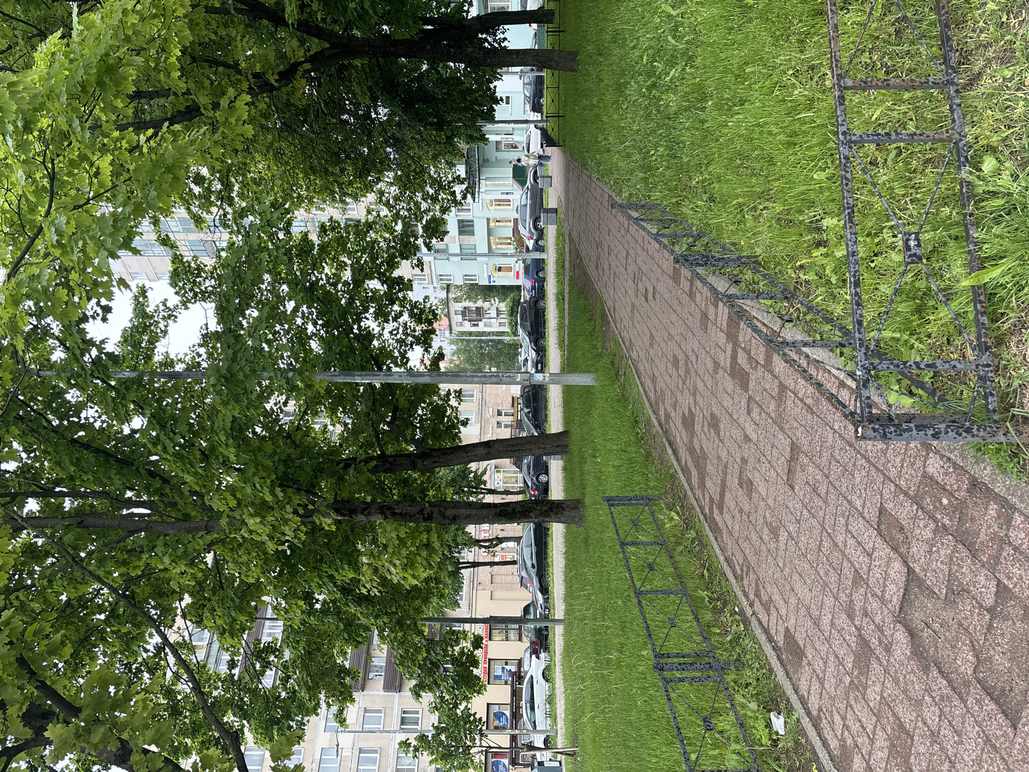 The image shows a paved sidewalk in an urban environment, likely in Unknown, Russia. The sidewalk is made of rectangular reddish-brown pavers and is bordered by green grass on one side and mature trees on the other. A low, black metal fence runs along the grassy edge of the sidewalk. Buildings of various heights and architectural styles are visible behind the trees, with parked cars lining the street. Streetlights are also visible among the trees. The sky appears overcast. The image is rotated 90 degrees counter-clockwise.