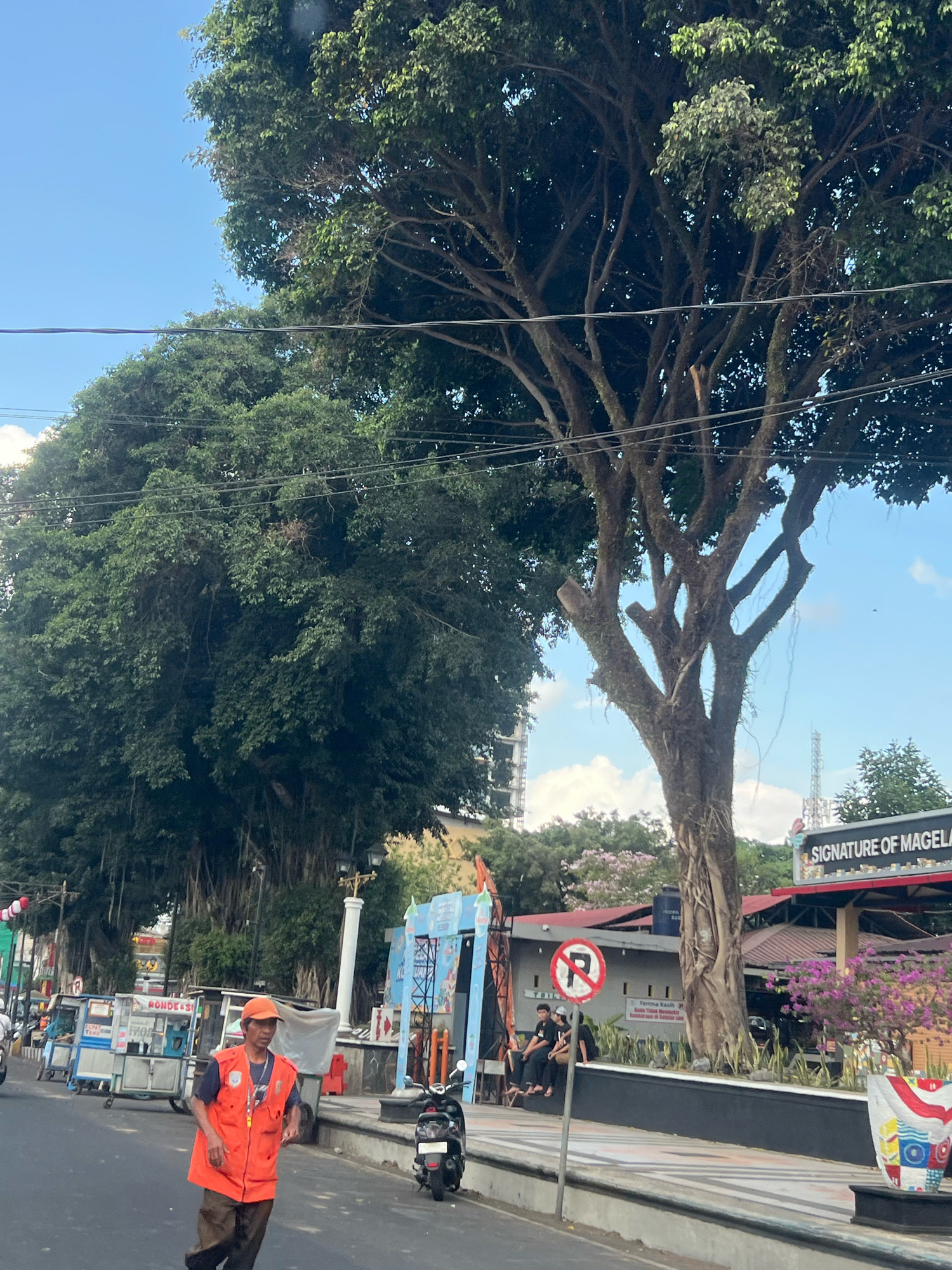 In Magelang, Indonesia, a man wearing an orange vest and cap is walking on a street. He is in the foreground, with a large banyan tree behind him on the left and another large tree on the right. The street has several food carts and a motorcycle. In the background, there is a building with a sign that reads "SIGNATURE OF MAGELA". The sky is blue with some clouds. The scene appears to be a street market or a busy area in the city.