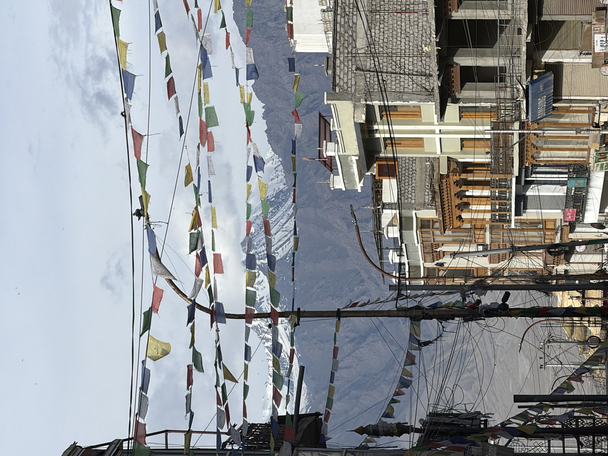 The image depicts a street scene in Leh, India, characterized by prayer flags strung across power lines. In the foreground, utility poles are laden with numerous wires, and prayer flags in various colors are draped between them. The buildings lining the street exhibit a mix of architectural styles, with some featuring intricate wooden balconies and others constructed with brick. In the background, snow-capped mountains rise against a cloudy sky, providing a dramatic natural backdrop to the urban environment. The overall impression is of a vibrant cultural setting, where traditional elements like prayer flags coexist with the everyday infrastructure of a town.