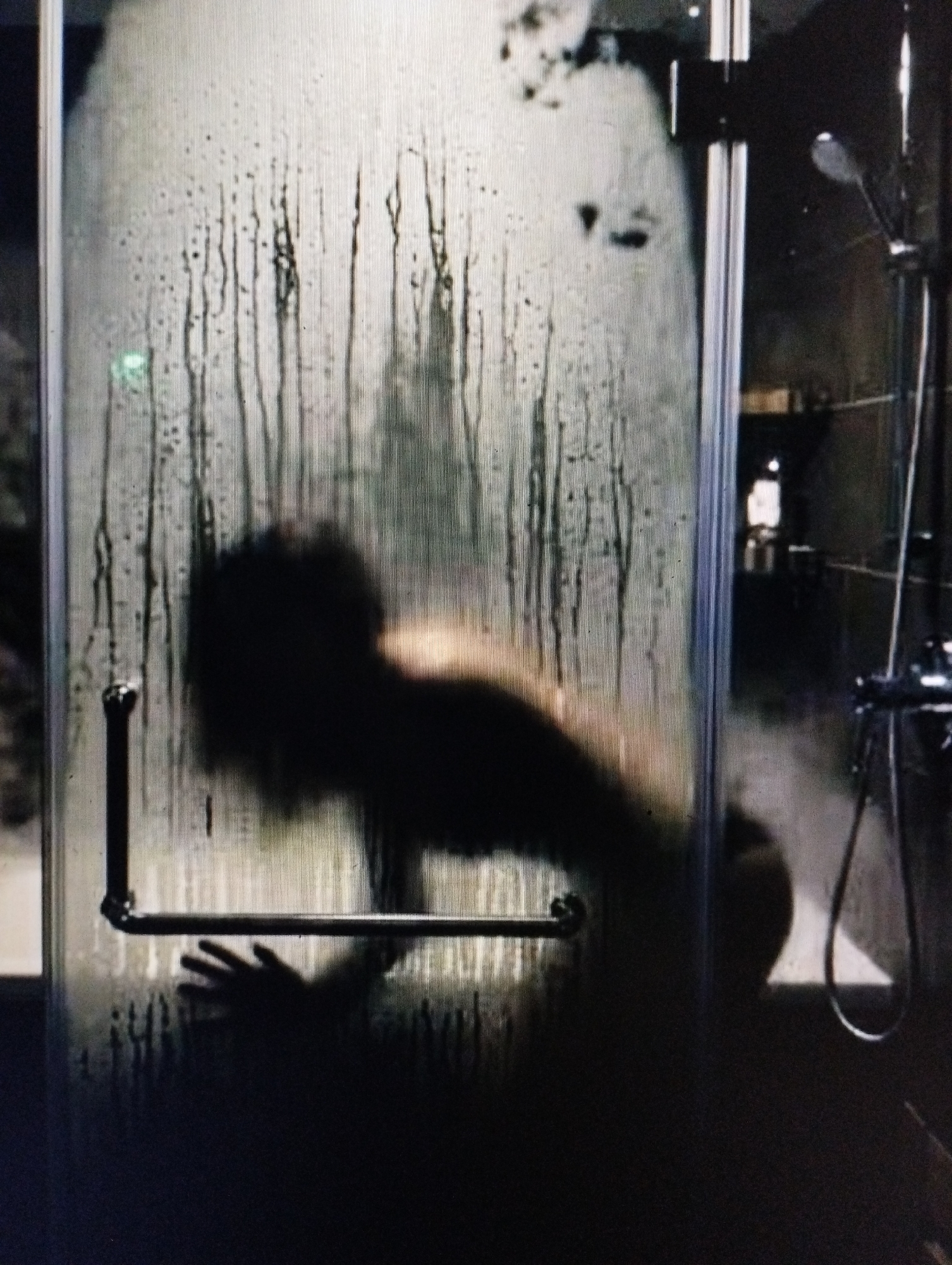 The image depicts a dimly lit interior scene, likely a bathroom, focused on a steamy glass shower enclosure. A silhouetted figure is visible through the condensation-covered glass, appearing to be leaning or crouching. Water droplets streak down the glass surface, obscuring finer details of the scene. A silver handle bar is attached to the shower door. The background, visible through the slightly less steamy areas, shows a dark, indistinct environment with what appears to be bathroom fixtures, including a shower head and hose on the right side. The overall impression is one of privacy and intimacy, with the steam adding an element of mystery.