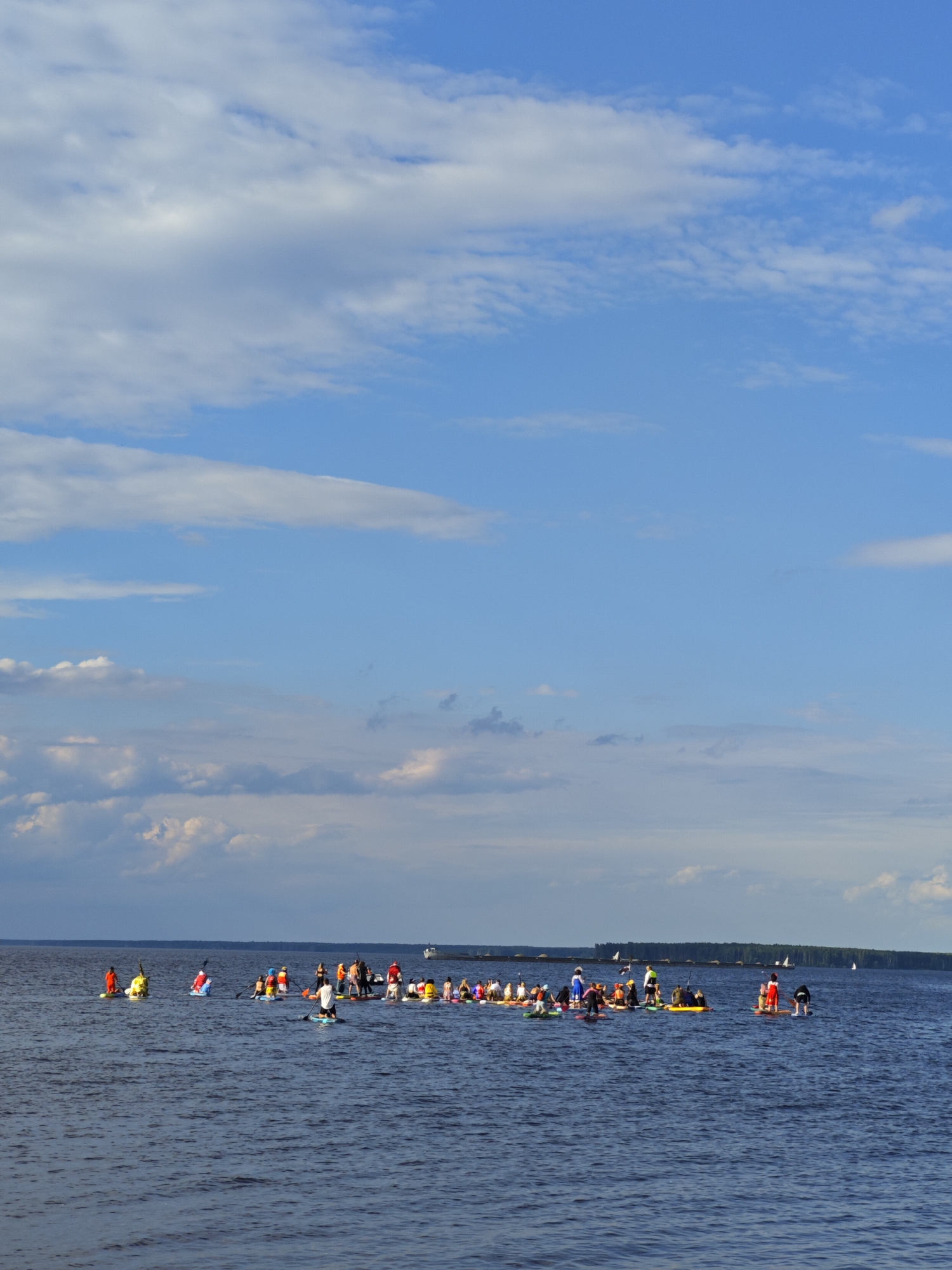 The image depicts a wide shot of a group of people paddleboarding on a large body of water. The sky above is blue with scattered white clouds, suggesting fair weather and daylight, likely midday or afternoon. The water is a deep blue, calm with gentle ripples.
In the foreground and mid-ground, numerous individuals are spread across the water, each on their own paddleboard. Many are standing, some are kneeling, and a few appear to be sitting or in the process of standing. They are dressed in various casual clothing, with some wearing brightly colored life vests, suggesting this is a recreational activity or possibly an organized event. The group appears to be moving or gathered in a general area.
In the background, a long, dark line of trees forms the horizon, with some structures or a thin landmass visible along the edge of the water. Several sailboats and a larger vessel are also discernible on the distant water, adding to the sense of a recreational or maritime setting.
The overall mood is peaceful and active, with the participants engaged in a water sport under a pleasant sky. There is no visible text in the image. The scene is likely a public recreational area or a lake/river suitable for paddleboarding.