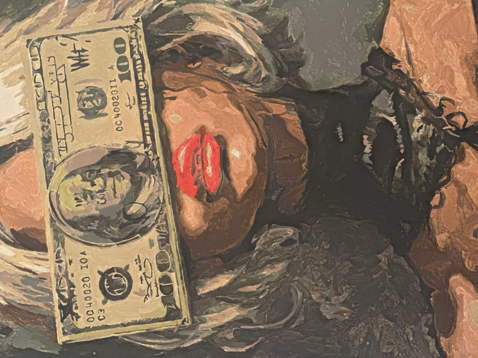 The image shows an oil painting featuring a person's face, possibly a woman, with a hundred-dollar bill partially covering it. The person's skin tone is rendered in shades of brown and pink, with red lips and highlights indicating light on the face. The person's hair is painted in shades of brown, gray, and blonde. The hundred-dollar bill is placed diagonally across the face and appears to be crudely drawn and stylized, showing a blurry depiction of Benjamin Franklin. The background is dark, suggesting a dimly lit or shadowed environment. The brushstrokes in the painting are visible, giving it a textured and painterly quality. The overall composition has a surreal or provocative feel. The location in the city of Высокий, Russia is not discernible from the image alone.