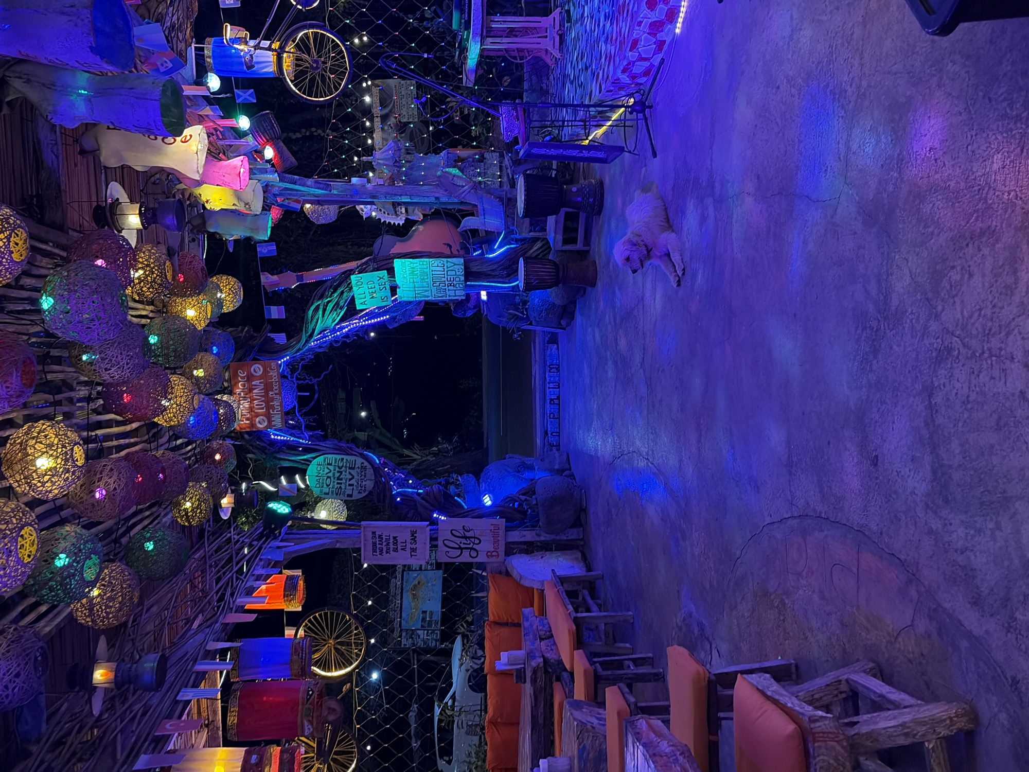 This image depicts a dimly lit outdoor seating area at what appears to be a restaurant or bar, possibly in Banjar, Indonesia, given the context. The scene is illuminated by numerous colorful string lights and lanterns, creating a vibrant and eclectic atmosphere. Dominating the foreground are wooden tables and benches with orange cushions. To the left, a white dog is lying down on the concrete floor. In the background, an archway decorated with hanging items and lights leads to a road at night. The overall ambiance is festive and somewhat bohemian, with various decorative elements such as hanging textiles, bicycles, and drums.