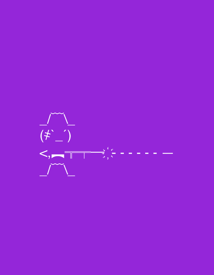 The image displays an ASCII art representation of a figure holding a gun, set against a solid purple background. The figure is composed of text characters and symbols, forming a simplified outline of a person. The figure appears to be aiming the gun forward, with some symbols suggesting a projectile or muzzle flash emanating from the gun. The background is uniformly purple, with no discernible city or environmental context. Therefore, it is not possible to provide any details about the location in Yerevan, Armenia, as this is an abstract artistic representation and not a photograph of a real-world scene.