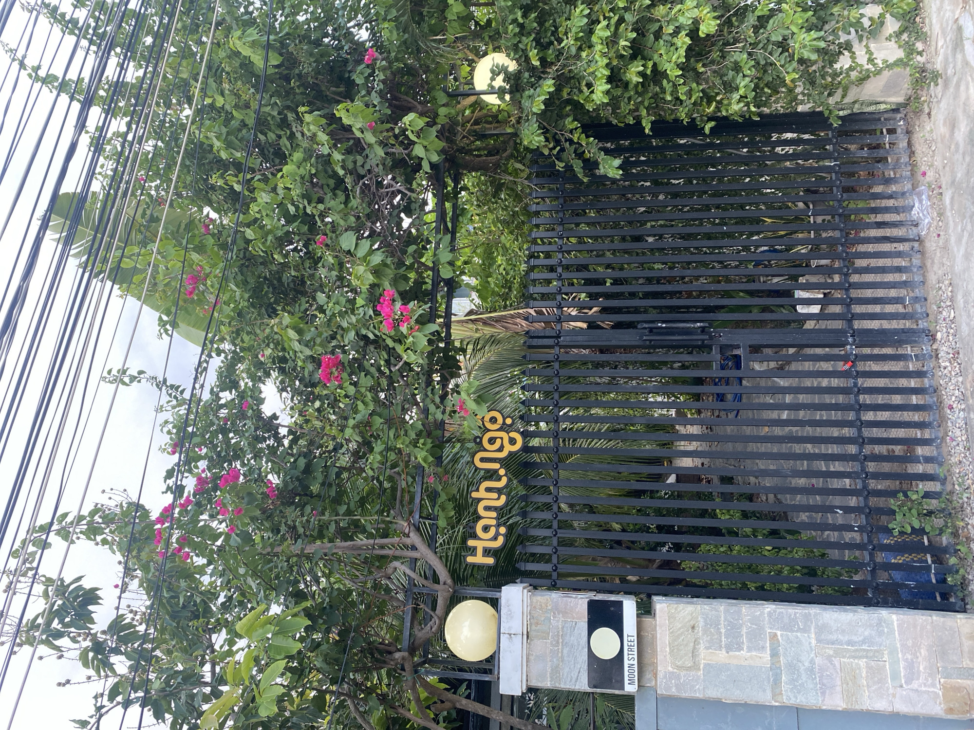 The image shows the exterior of a property on Moon Street in Mui Ne, Vietnam. A black metal gate with vertical bars is visible, partially covered by lush green foliage and flowering pink bougainvillea. A stone pillar on the left supports a spherical yellow light fixture and a rectangular sign displaying a white circle on a black background, with the text "MOON STREET" below it. Above the gate, a yellow sign with Vietnamese script reads "Hạnh Ngò". Power lines crisscross the sky overhead, and a large green leaf, possibly from a banana plant, is visible amongst the trees. The overall impression is one of a tropical, overgrown entrance to a residence or establishment.
