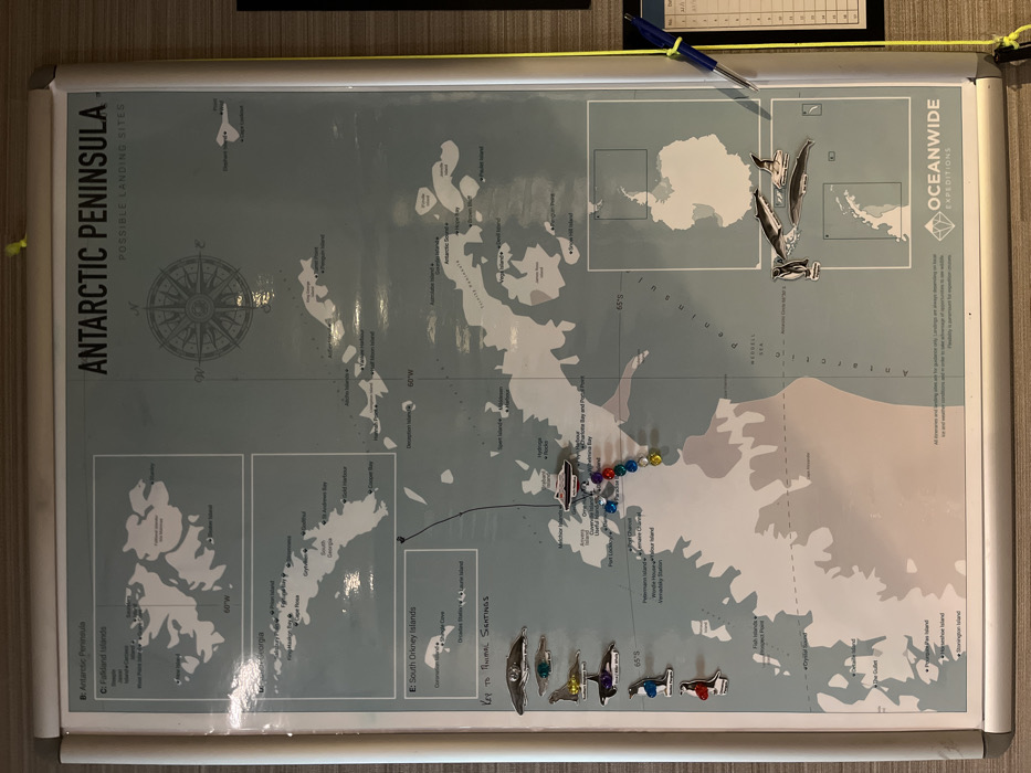 The image shows a map of the Antarctic Peninsula with possible landing sites. It includes depictions of the Falikland Islands, South Orkney Islands, and South Georgia. The map is marked with pins and animal sightings icons. The map also includes logos for Oceanwide Expeditions, and a compass rose. Some sections are labeled with latitude lines at 60°W and 65°S.