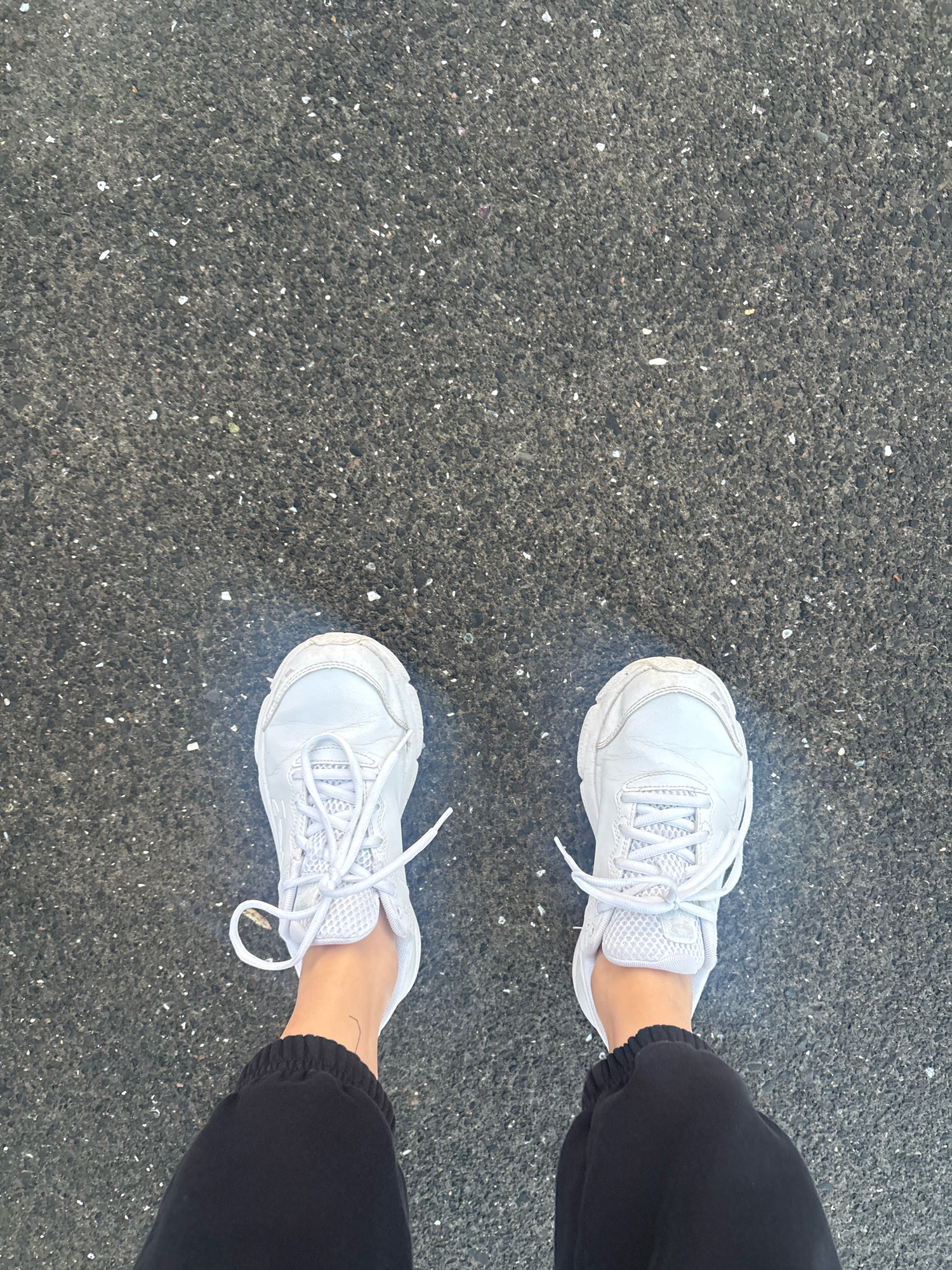 A top-down, eye-level shot shows a person's feet wearing white sneakers and black sweatpants. The sneakers are tied with white laces. The person is standing on a dark gray asphalt surface that is speckled with small white and gray stones. The asphalt appears to be a walking path or road in a city environment. The lighting suggests it is daytime, with some faint highlights reflecting off the asphalt. The scene does not contain any specific landmarks or details to identify it as being in Reykjavik, Iceland. The individual is not interacting with anyone or anything else in the frame.