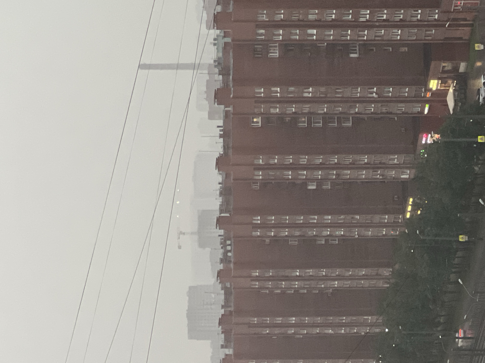 An overcast, hazy day in a city, likely St. Petersburg, Russia, is captured in this image. The foreground is dominated by a long, multi-story brick apartment building with numerous windows. The building's facade is a deep red-brown, and the windows appear to be uniformly placed in vertical rows. Some windows are illuminated, suggesting occupancy. Above the apartment building, the sky is a pale, uniform gray, with several power lines stretching horizontally across the frame.
In the background, various other buildings and structures are visible, softened by the atmospheric haze. These include what appear to be construction sites with cranes, taller apartment blocks, and a tall, slender industrial chimney. Trees line the street in front of the apartment building, with streetlights interspersed among them. A few cars are visible on the street at the bottom of the image, one with its red taillights illuminated. The overall impression is of a residential urban landscape under diffused light conditions.