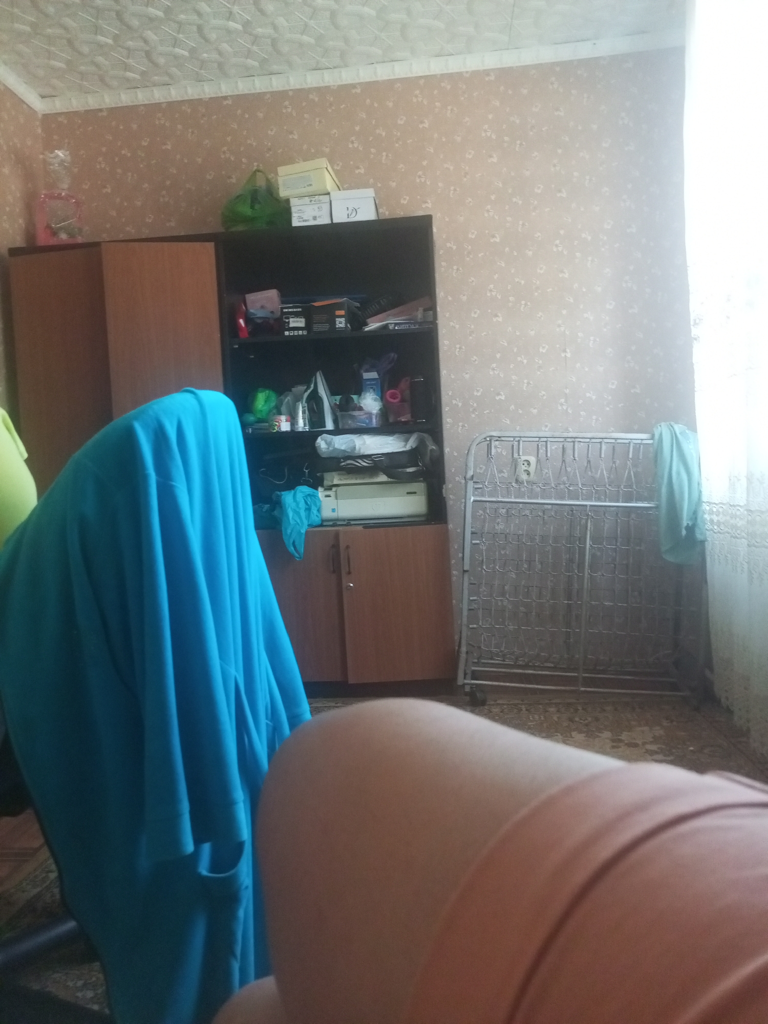 The image shows an indoor scene, likely a bedroom or living room, in a residence in Agronom, Russia. A tall, dark wood cabinet with shelves is prominently featured on the right side of the image. The shelves contain various items, including boxes, bags, and what appears to be a printer. To the left of the cabinet is another piece of furniture, possibly a wardrobe or dresser, also in a dark wood finish. A bright blue fabric is draped over a chair in the foreground, obscuring the chair and part of the cabinet. A person's arm and torso, clad in a peach-colored garment, are visible in the lower right portion of the frame, suggesting the photographer is lying down or leaning. In the background, a metal folding cot with a wire mattress is visible. A wall with floral wallpaper is behind the furniture and cot. A window with a white curtain is on the far right. The overall impression is one of a lived-in space, possibly a student dormitory or a modest apartment.