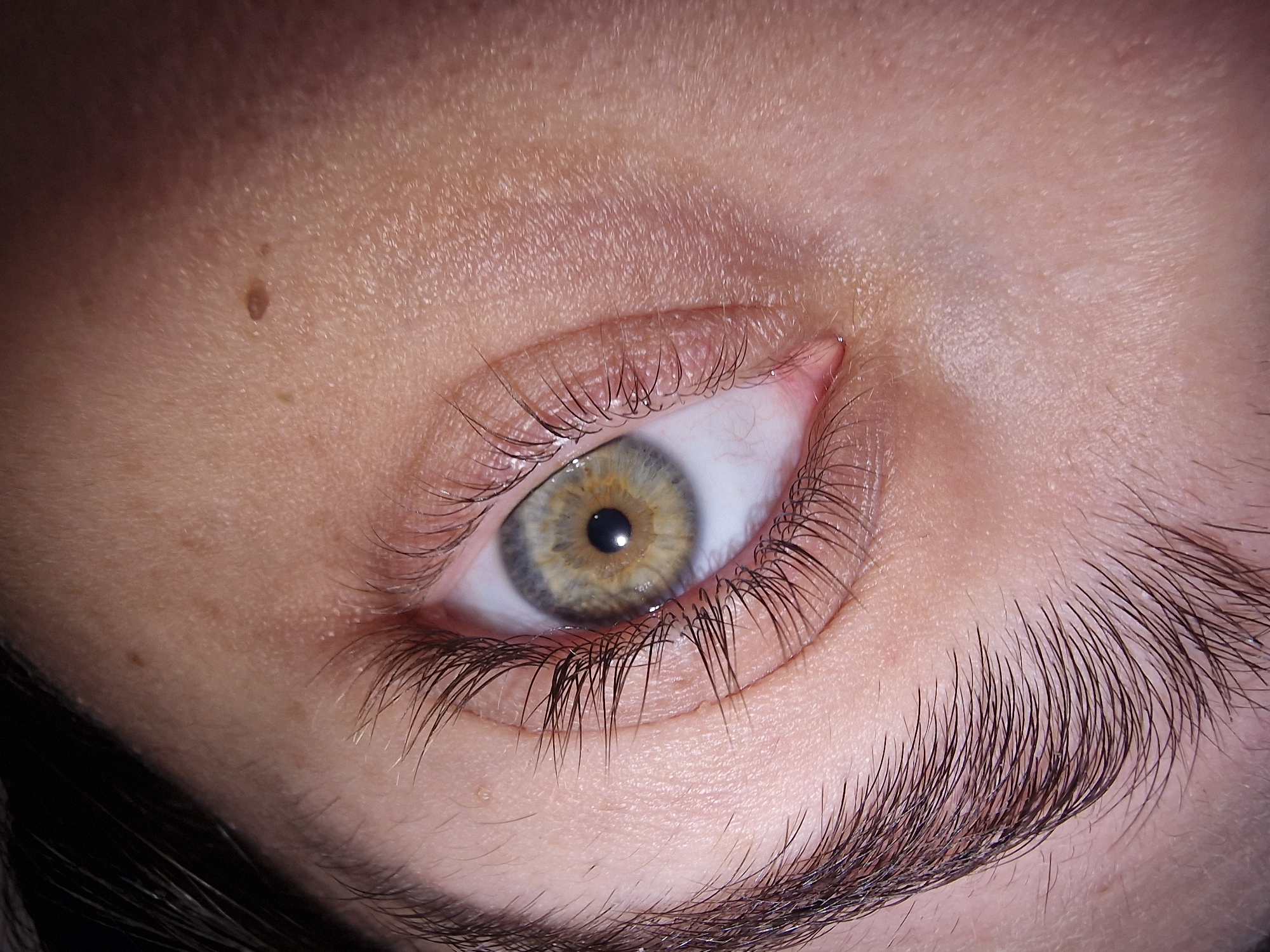 A close-up photograph features a human eye with light brown, hazel, and green coloring. The iris surrounds a dark pupil. The eye is surrounded by numerous eyelashes, both on the upper and lower lids. Fine lines and wrinkles are visible on the eyelid and surrounding skin. Eyebrows are also visible in the lower portion of the image. A small mole is present above the eye. The location and city are unknown.