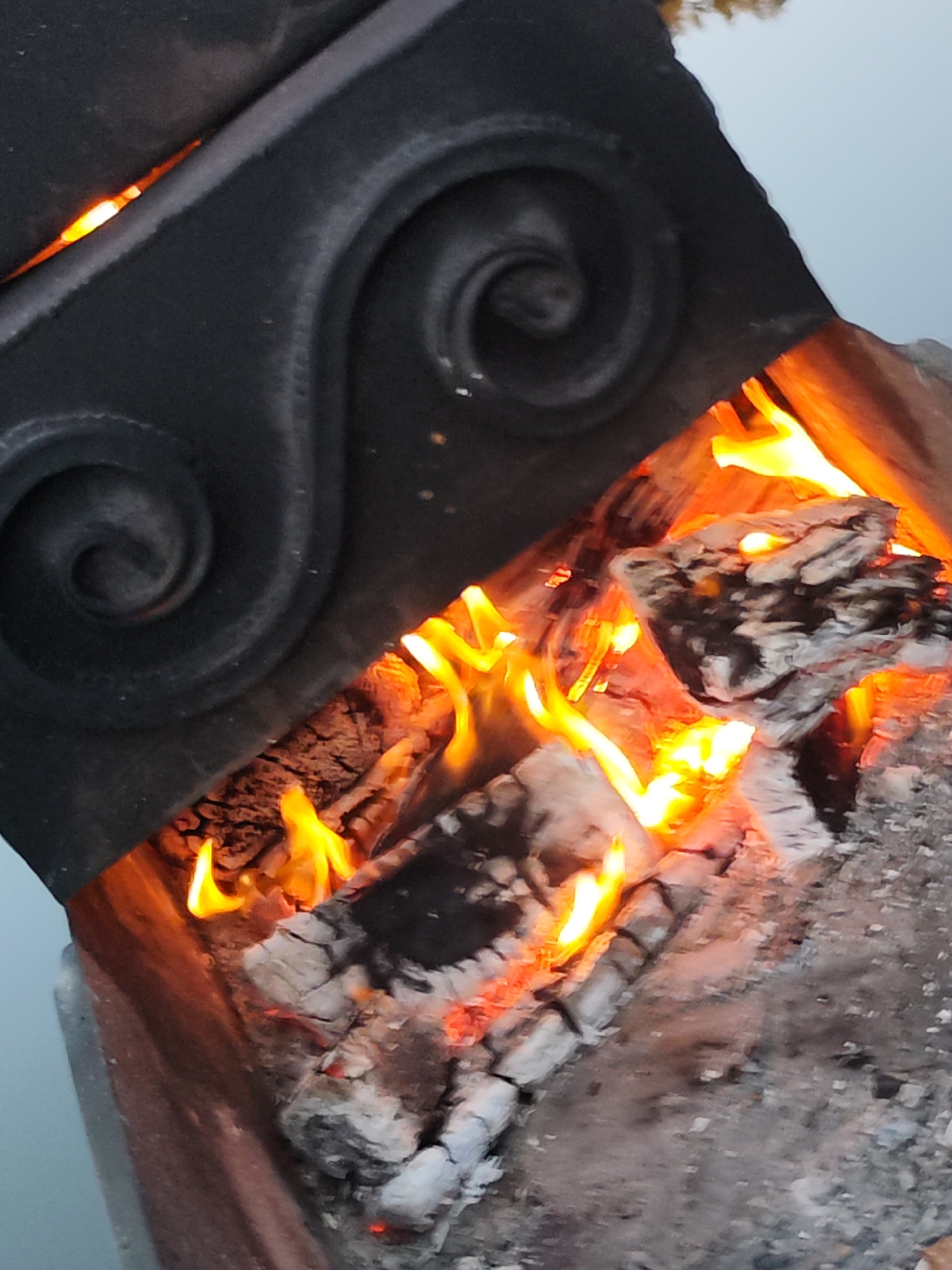 A close-up shot depicts burning wood within a fire pit or stove, partially obscured by a decorative, dark metal element with scroll designs. The flames are vibrant and orange, licking at the partially burnt logs, some of which are charred and ashen. The fire pit appears to be made of a textured, concrete-like material. The background is slightly blurred. The scene is most likely located in Chaikovsky, Russia.