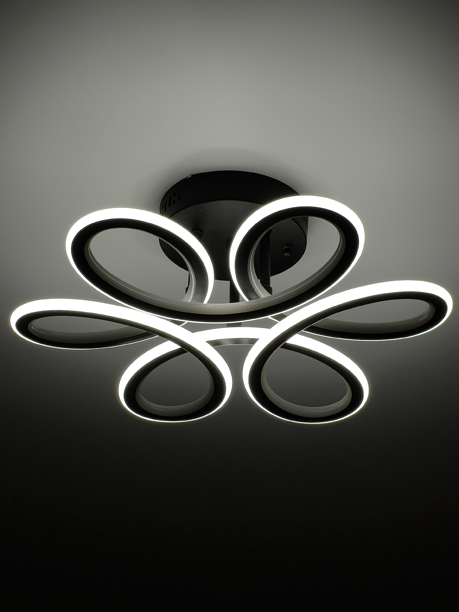 This media file captures a close-up, upward-looking view of a modern LED ceiling light fixture. The central subject is a sculptural illumination piece, mounted on a light-colored ceiling that appears to be white or off-white.
The fixture itself features a prominent black circular base attached flush to the ceiling. Extending from this base are multiple elongated, ribbon-like elements, also in black, which curve and intertwine to form an intricate, abstract design. Each of these flowing black bands is edged with a continuous strip of bright, cool white LED light, which is currently illuminated, casting a soft glow. The overall design suggests a stylized floral pattern or a series of elegant, interconnected loops.
The illumination from the light is intense, contrasting sharply with the lower portions of the image, which fade into deep black, indicating a dark room or nighttime setting where the light is the primary source of brightness.
There are no people, visible text, or discernible activities taking place in the image. The environment is indoors, focusing solely on the artistic and functional aspects of the lighting fixture. While the external location context is Kryvyi Rih, Ukraine, there are no specific visual cues within the image itself to confirm this geographical detail. The image evokes a sense of modern design and functional artistry.