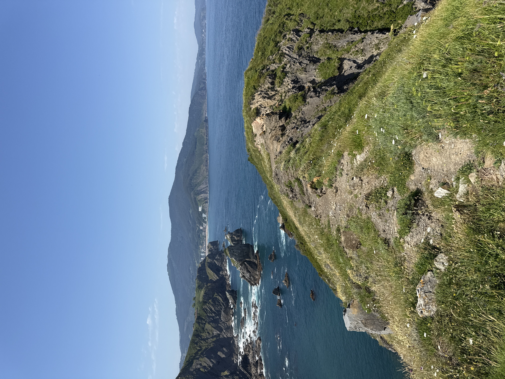 This is a photograph of the coastline in Bakio, Spain, likely from the viewpoint of San Juan de Gaztelugatxe. A rugged, grassy cliffside slopes down towards the deep blue ocean. The water crashes against rocky outcrops and islands scattered offshore. In the distance, rolling green hills and mountains form a backdrop to the sea, with a small town visible along the coast. The sky is a clear, bright blue, indicating a sunny day. The foreground is dominated by the textured green and brown of the cliff, with a narrow, winding path visible leading along the ridge.