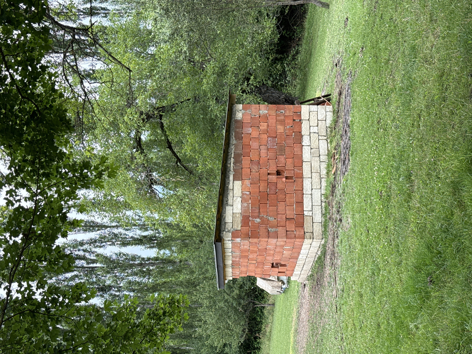 The image depicts an unfinished brick structure in a grassy, outdoor environment. The structure appears to be a small, shed-like building constructed with red bricks and lighter-colored blocks. It has a simple, flat roof with visible metal edging. There are openings or voids in the brickwork of the structure, suggesting it is incomplete or designed for ventilation.
The surrounding area is characterized by green grass, with some scattered debris, including wooden planks, near the base of the structure. In the background, there are numerous tall, slender trees, likely poplars, with dense green foliage. The overall impression is one of a rural or semi-rural setting. There are no people visible in the image. The lighting suggests an overcast or cloudy day. The scene is a snapshot of a partially constructed building in a natural, vegetated landscape.