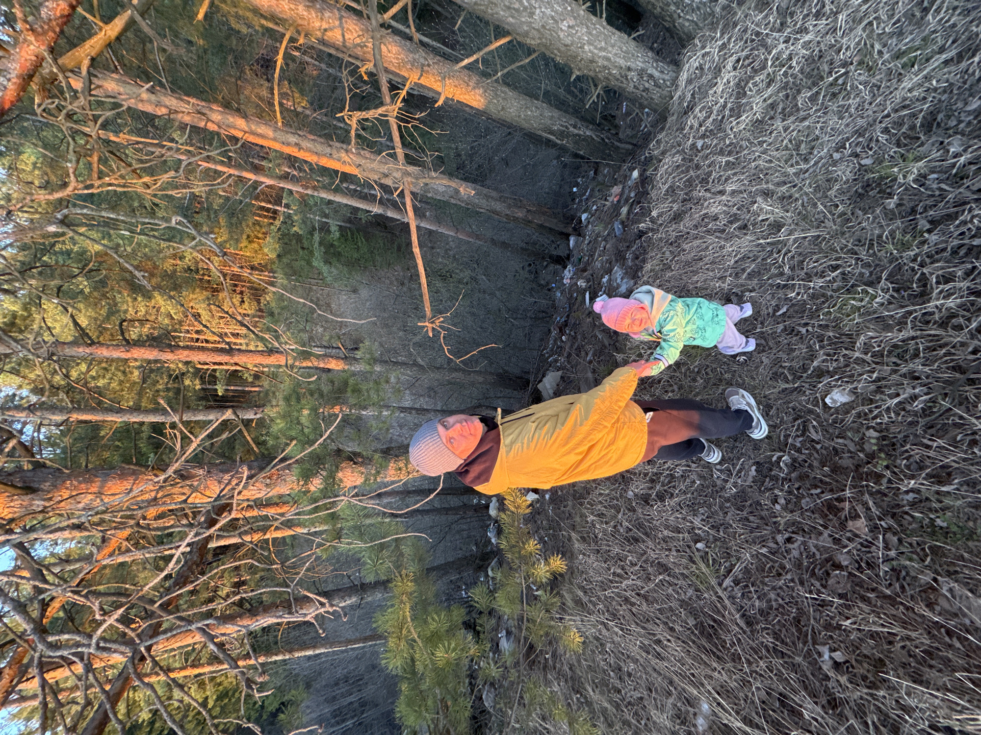 A medium-shot outdoor photograph depicts an adult wearing a yellow jacket, dark pants, gray running shoes, and a gray knit hat, holding the hand of a small child wearing a pink hat, green jacket, and light-colored pants. Both figures are positioned on a slope covered in dead grass and debris.
To the left of the figures, a dense forest of tall, slender trees is illuminated by a golden light source, likely the setting sun. The location appears to be in or near a wooded area in the city of Лобаново, Russia.