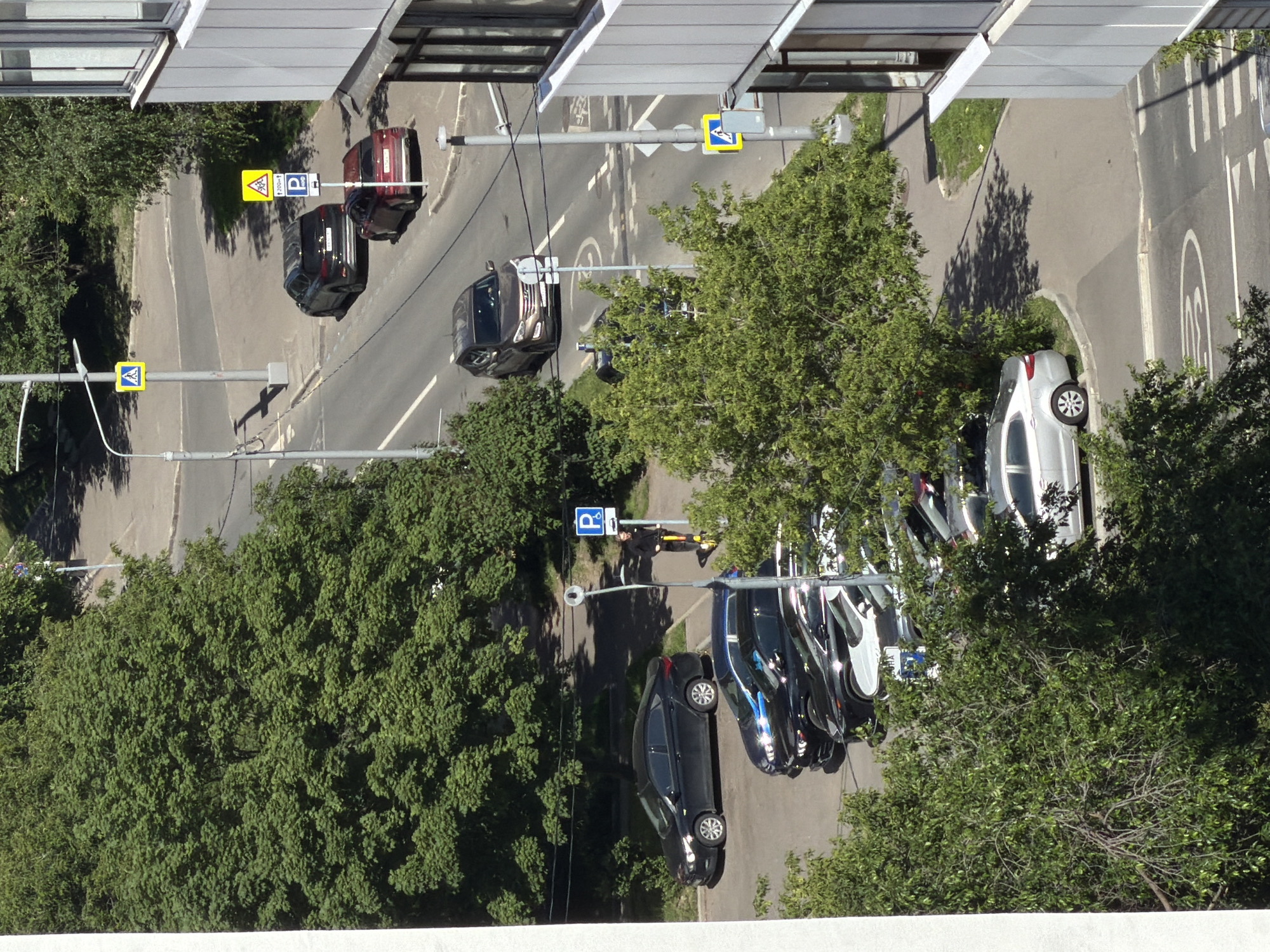 The image depicts a residential street scene in the city of Khimki, Russia, on a bright, sunny day. The perspective is from a high vantage point, looking down onto a road, sidewalks, parking areas, and a multi-story building.
In the foreground, a dense canopy of green trees partially obscures the view. A white building with horizontal siding is visible on the right side of the frame, featuring multiple windows and balconies.
The road displays visible lane markings and a pedestrian crossing. Several vehicles are parked along the roadside or driving on the road. These include a black sedan, a dark-colored SUV, a silver sedan, a dark blue SUV, and other vehicles partially visible.
Along the sidewalk, a person is riding a yellow electric scooter. Various traffic signs are present, including pedestrian crossing signs (yellow triangle with a figure walking) and a blue parking sign. Streetlights are also visible. The environment suggests a typical urban residential area with moderate greenery.