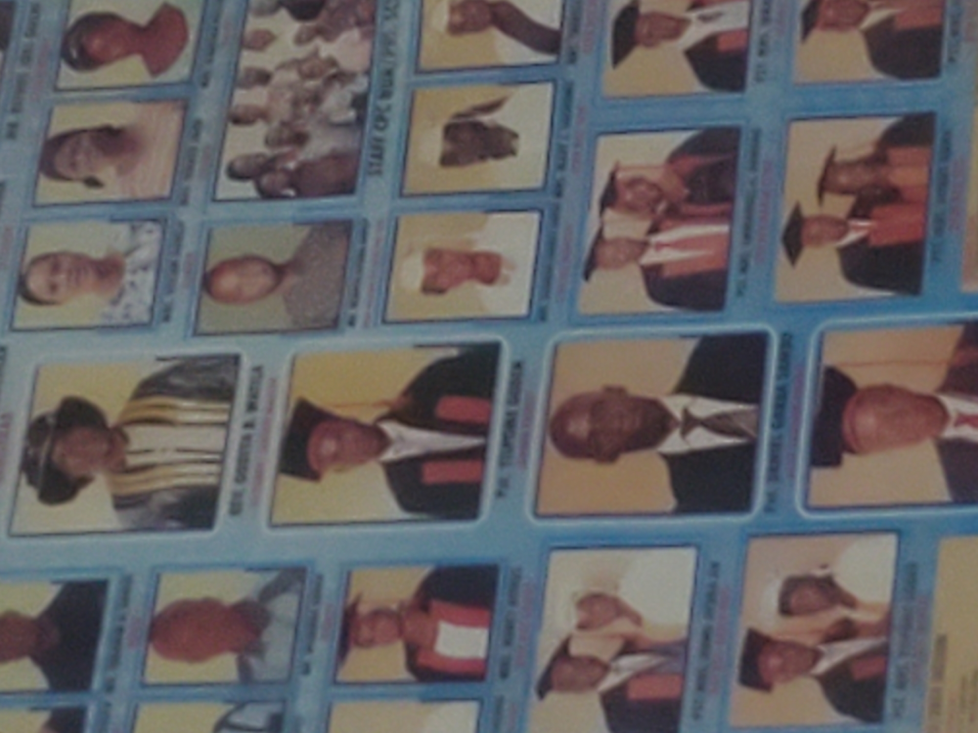The image is a photograph of a wall display featuring multiple framed portraits. The portraits appear to be of individuals, likely students or staff, given the presence of graduation caps and gowns in some of the images. The display is organized in a grid-like fashion. Some portraits are of single individuals, while others show pairs or small groups. Text is visible below many of the portraits, which likely contains names and titles. The lighting suggests an indoor setting. The background of the wall is a plain blue color. The overall impression is a formal collection of photographs.
