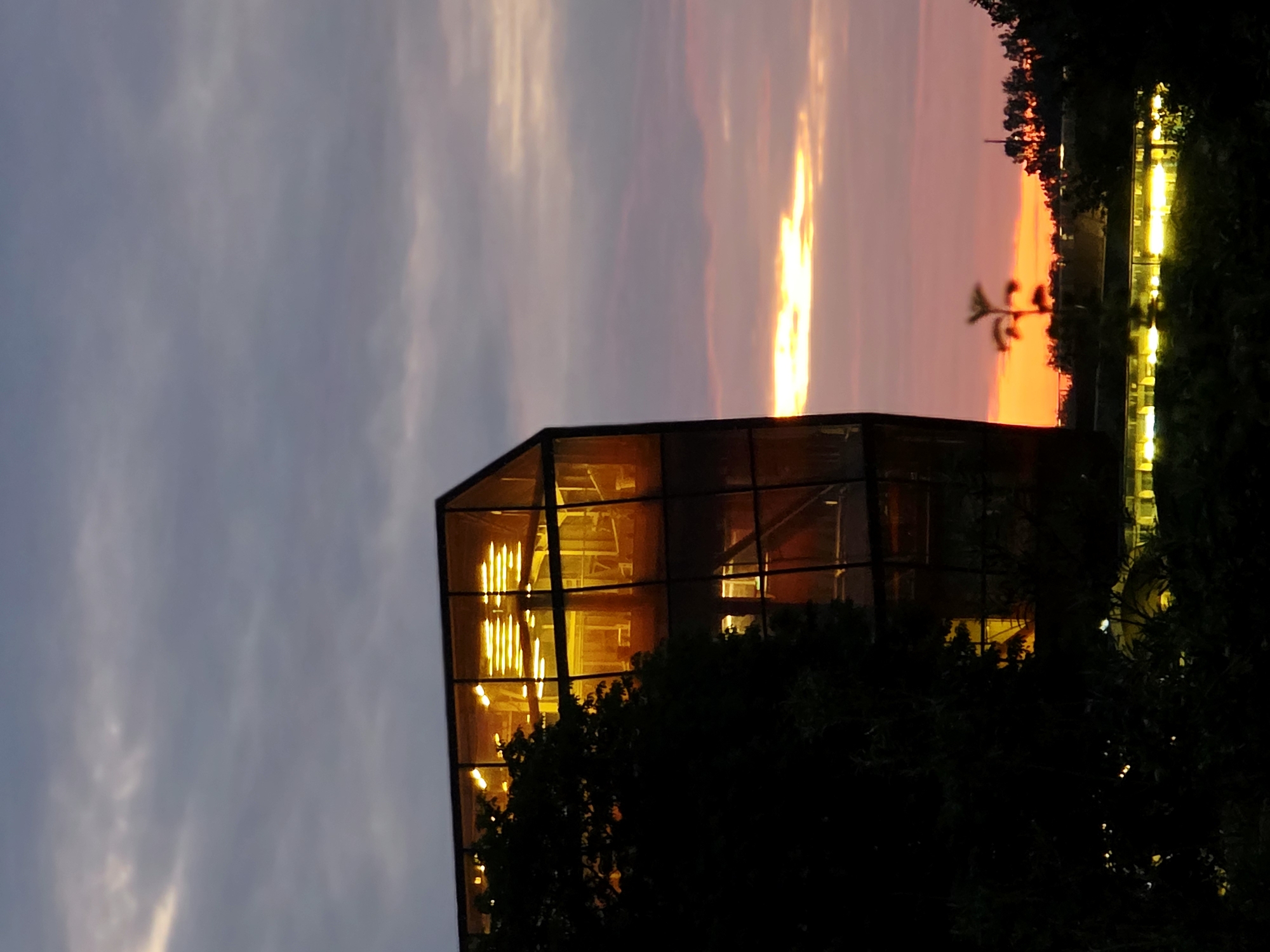 The photograph captures a modern building with a glass facade, illuminated by warm yellow lights from within, against a dusky sky with hints of pink and orange from a sunset. The building's angular structure is partially obscured by dark, silhouetted trees in the foreground. In the distance, a line of trees is also silhouetted, and below them, another building or structure is visible with illuminated windows. The scene is set at twilight, with the sky transitioning from day to night. The location is identified as Warsaw, Poland. There are no people or animals visible in the image. The focus is on the architectural design of the building and the atmospheric lighting of the sunset.