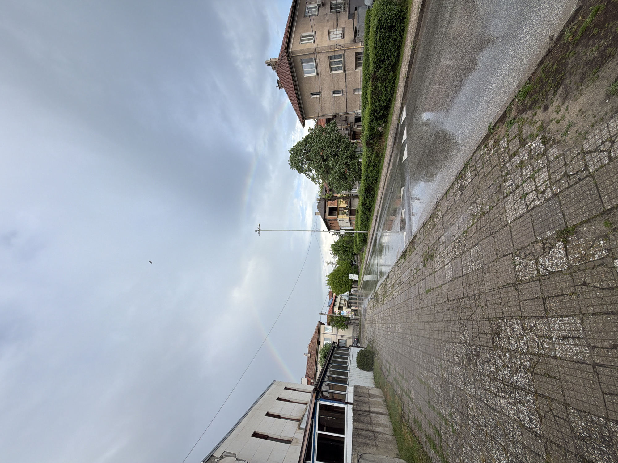 The image shows a street scene in Panagyurishte, Bulgaria on a cloudy, rainy day. A faint rainbow is visible in the sky. A street with wet pavement and white zebra pedestrian crossing is flanked by buildings on both sides. On the right side, there is a large building and a green hedge along the street. The sidewalk is paved with rectangular stones. On the left, a building with windows and an awning is visible. There is a street light in the distance. A single bird is flying in the sky.