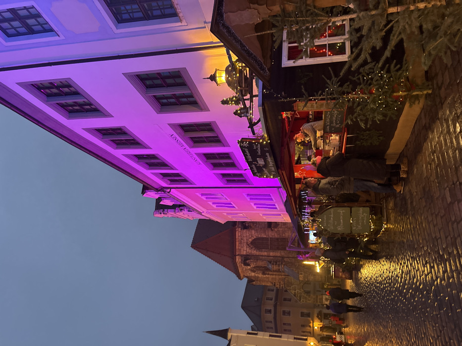 This image depicts an evening scene in Meissen, Germany, likely a Christmas market. The sky is a deep grey-blue, characteristic of dusk or early night. The cobblestone street, damp from recent rain, reflects the various lights, adding to the atmosphere.
On the right, a prominent multi-story building with a pale facade is illuminated by striking purple and pink lights, giving it a surreal glow. Numerous windows are visible across its surface. Along its side, the text "ALBRECHTSBURGER MEISSEN" is clearly legible, providing a precise location cue. An ornate, old-fashioned lantern hangs from this building.
To the left, several wooden market stalls line the street. These stalls are festive, adorned with evergreen branches and strings of warm, twinkling fairy lights. One stall, dark-painted with a white-framed window, shows red curtains and internal lights. Signs on the stalls advertise typical German market fare: "Glühwein," "Punsch," "Eierpunsch," "Heißer Hirsch," "Met," "Kinderpunsch," "Bratwurst," "Waffeln," and "Kaffee," with prices such as "€ 3.50" indicating sales in Euros.
Several people are visible in the scene, walking along the street and congregating around the market stalls, some appearing to interact with vendors. Their winter clothing suggests cold weather. In the background, other historical buildings with traditional pitched roofs can be seen, hinting at the town's architectural character. The overall scene conveys a festive and cozy ambiance, typical of a European winter market.