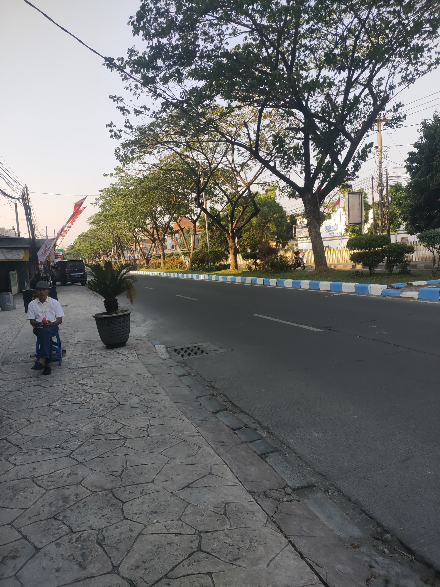 The image depicts a street scene in Sooko, Indonesia, captured during daylight. The perspective is from a sidewalk, looking towards a paved road.
On the left side of the image, a man is seated on a blue plastic stool on a patterned concrete sidewalk. He is wearing a white collared shirt, dark pants, and a dark cap. He holds a small object, possibly a bottle or a phone, in his right hand. To his right, a potted palm plant stands in a dark gray textured planter. Beyond the man and the plant, there are storefronts with awnings and signs, and parked vehicles, including a dark SUV. Red and white flags, likely Indonesian flags, are visible on poles, fluttering in the breeze.
The road is asphalt, with a white line marking its center. Along the side of the road, a raised curb painted with alternating blue and white blocks separates the road from a grassy area. Several large trees line the opposite side of the road, casting shadows. In the distance, buildings and more trees are visible. The sky is clear and pale, suggesting it is either early morning or late afternoon. The overall environment suggests a typical urban or suburban street in Indonesia.