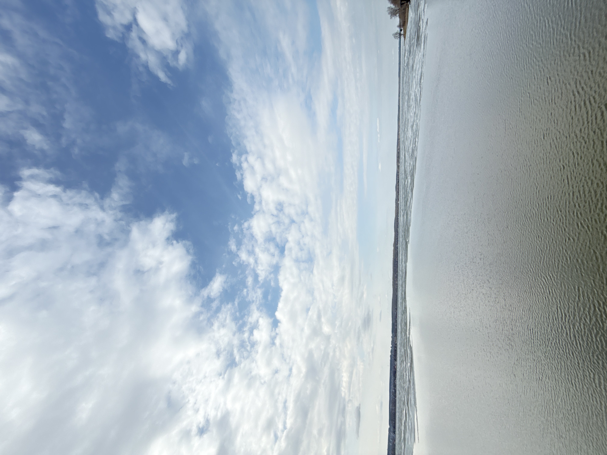 The image shows a view of the Votkinsk Reservoir in Votkinsk, Russia, with a predominantly cloudy sky occupying the left side of the frame and the reservoir stretching towards the right. The water surface appears slightly rippled, with a neutral gray tone. A thin strip of land is visible along the horizon where the sky and water meet, with some sparse trees. The orientation of the image is rotated 90 degrees counter-clockwise.