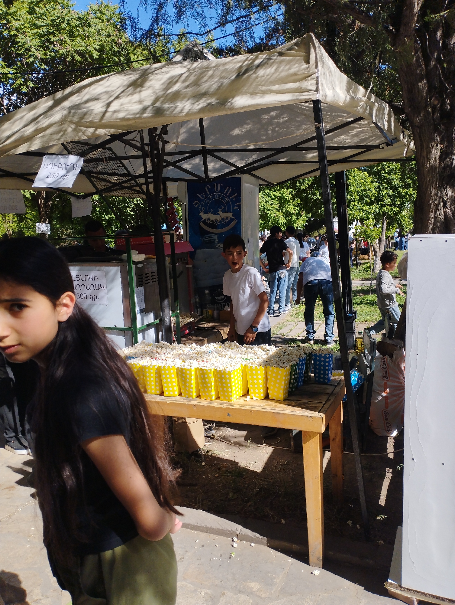 The image captures a scene at a popcorn stand in the city of Yeghegnadzor, Armenia. The stand is covered by a light-colored awning. In front of the stand, there is a table filled with yellow and blue polka-dotted paper cups full of popcorn. A young boy stands behind the table, appearing to be selling the popcorn. To his left, a girl with long dark hair is partially visible, glancing towards the viewer.
Behind the stand, there are people standing and walking around, suggesting a public gathering or park. The presence of trees indicates an outdoor setting.
The stand has signs in Armenian, one mentioning the price of popcorn at 300 drams (perhaps referencing a particular type). The other says 250 drams. The signs also include the words "PUPTU" and "ԱԴԻԲՈՒԴԻ" "ՋԵՐՄՈՀ" "ԼՑՆՈՎԻ" "ՀՈՆՈՆՆ".
The image suggests a vibrant scene in Yeghegnadzor, likely during a fair, festival, or market day.