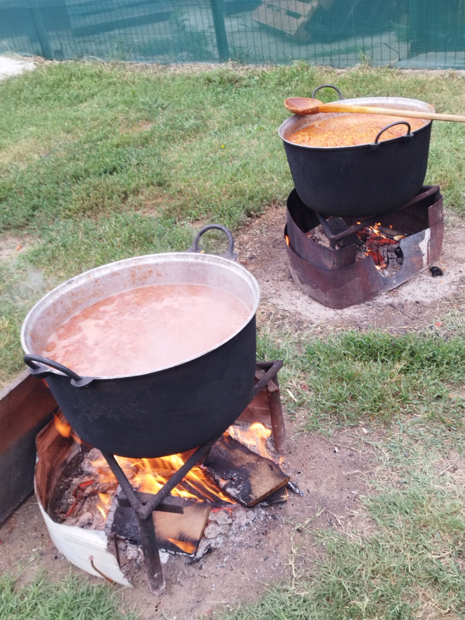 Two large black pots are cooking over open fires outdoors. The pot in the foreground is a very large, dark pot filled with a pinkish liquid, possibly stew or soup, and is supported by a metal tripod over a fire. The pot in the background is also large and black, containing a orange, granular substance, and rests on a different metal fire pit. A wooden spoon is placed across the rim of the background pot. Both fires are actively burning wood. The scene is set on a grassy area with some dirt. In the background, a green fence is visible. The image does not provide any specific landmarks or context to determine a location in Bucharest, Romania.