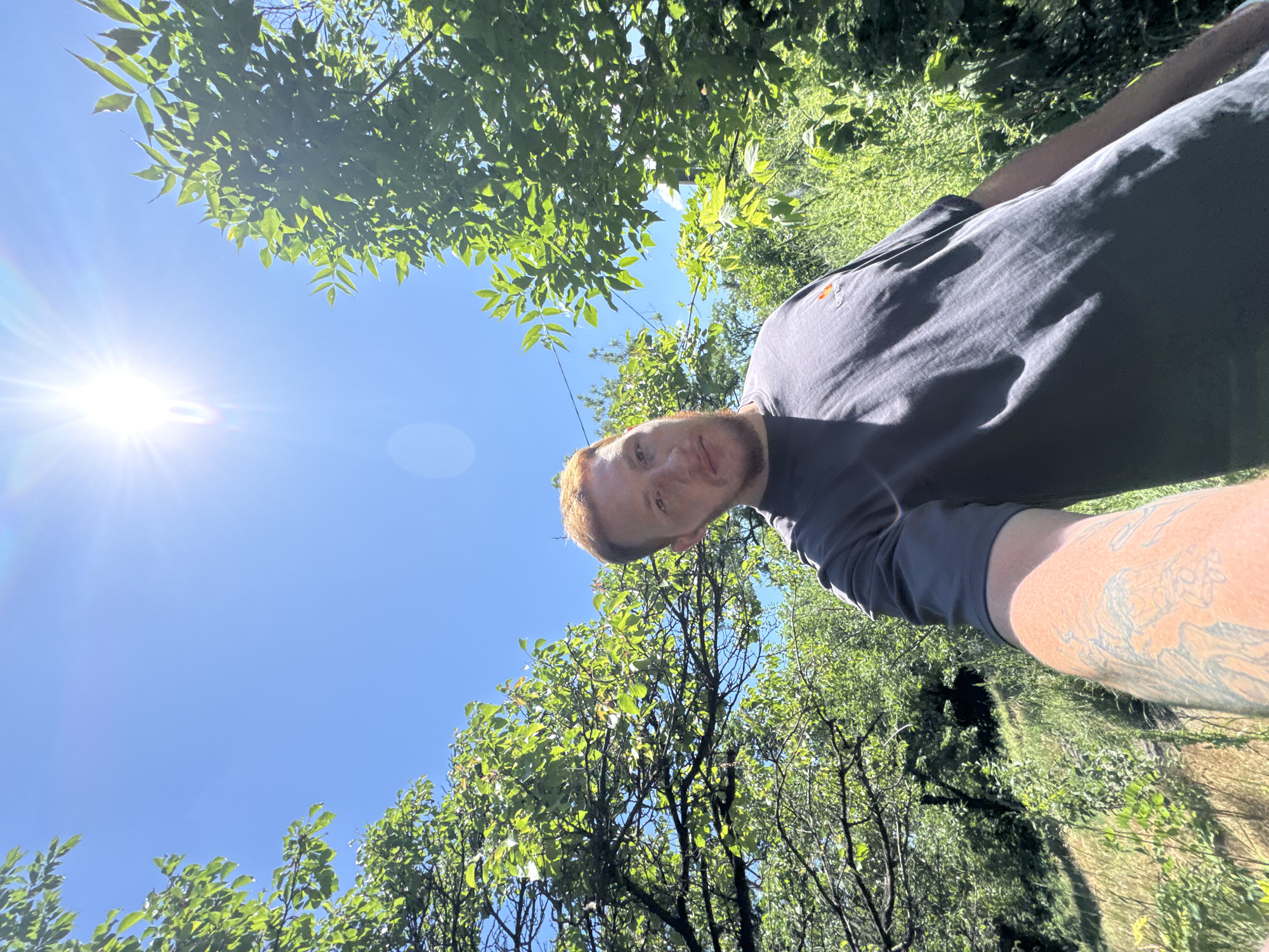 In a selfie taken outdoors, a man with short, reddish-brown hair and a beard is positioned centrally, looking towards the camera. He is wearing a dark grey t-shirt with a small orange logo on the left chest. His left arm, visible in the foreground, is tattooed. The man is standing outdoors with lush green trees and foliage surrounding him. The sky above is bright blue, with the sun prominently visible, creating lens flare and casting a strong light on the scene. The terrain behind him appears to be a grassy slope. The location is described as Unknown, Unknown.
